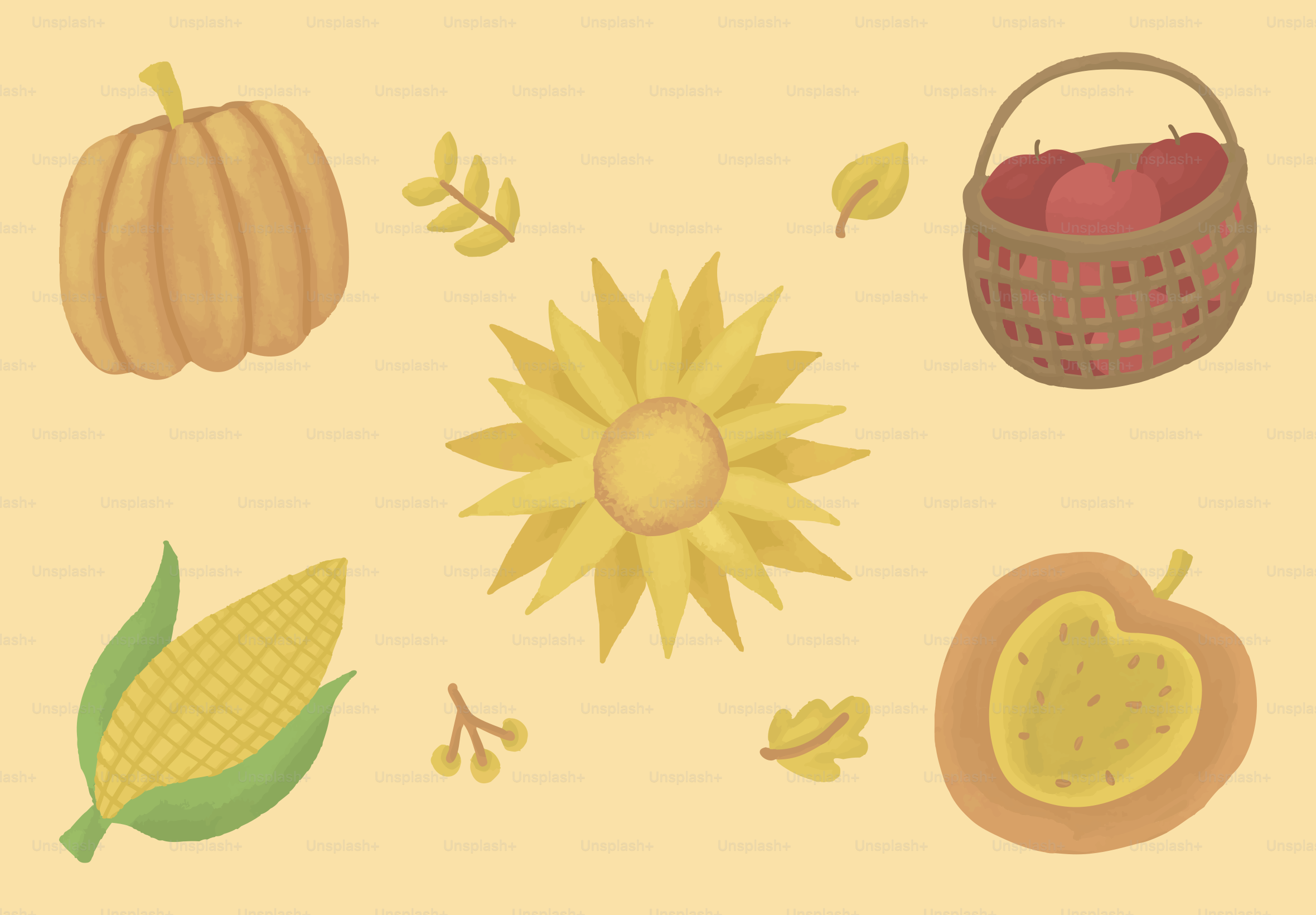 Herbst-Erntesymbole: Kürbis, Sonnenblume, Äpfel, Mais und Kürbis