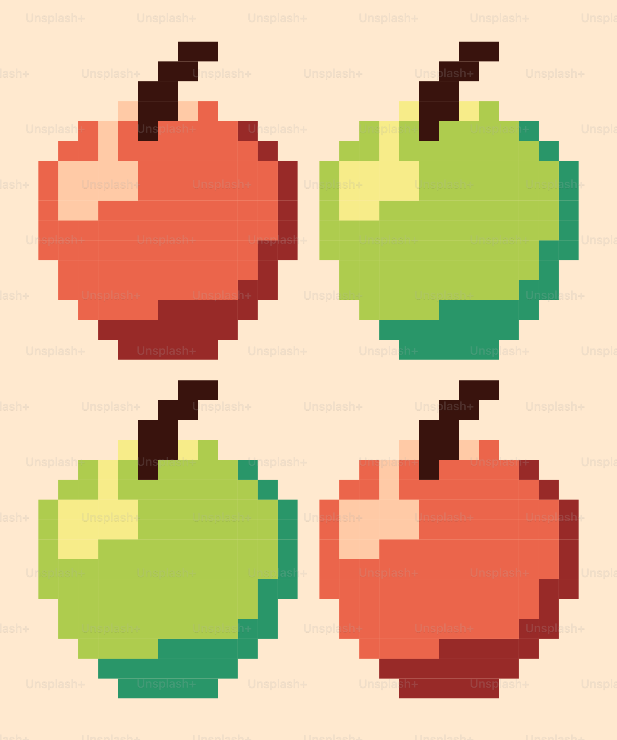 Four pixelated apples, two red and two green.