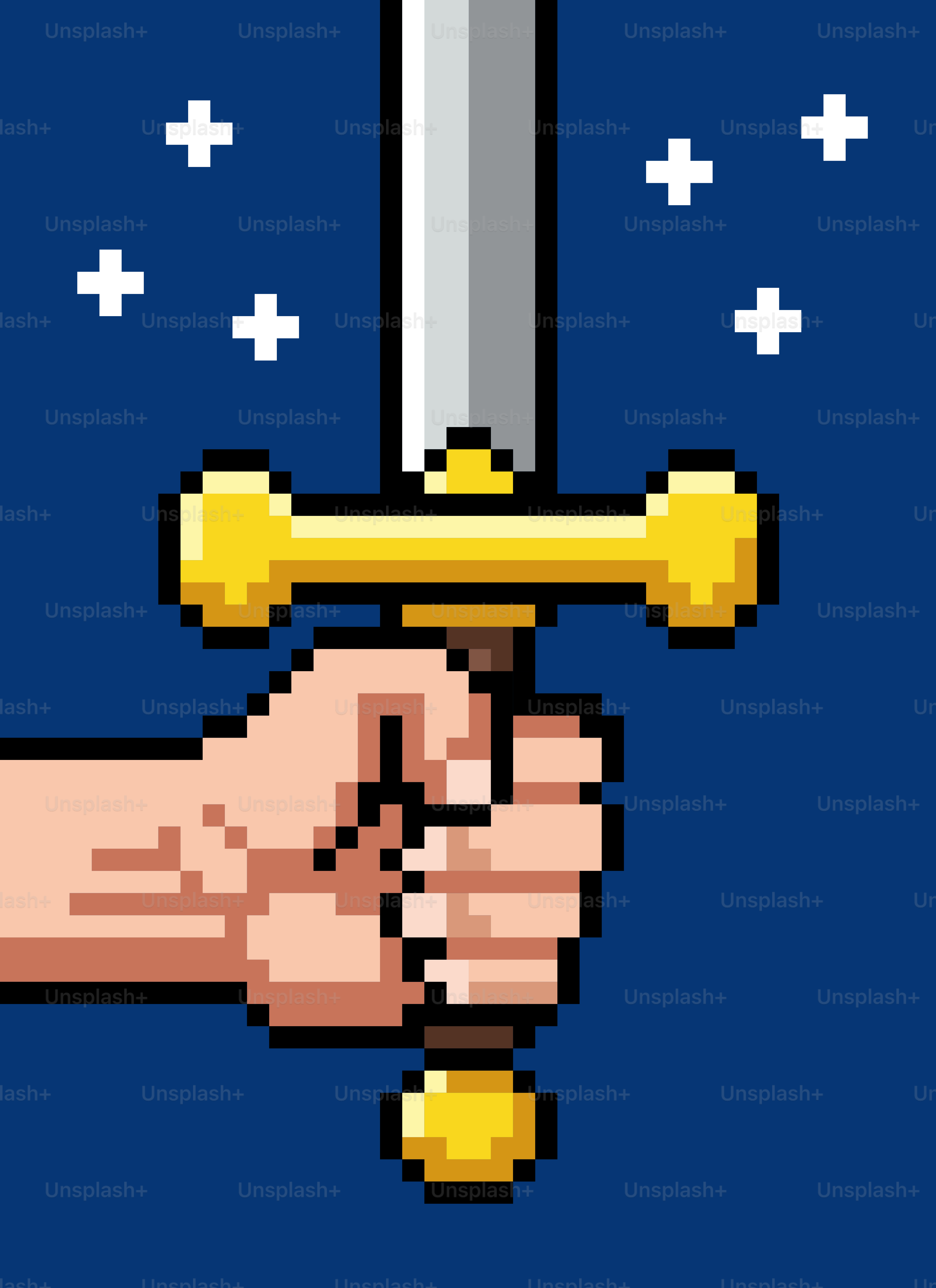 Pixelated hand holding a golden sword with stars.