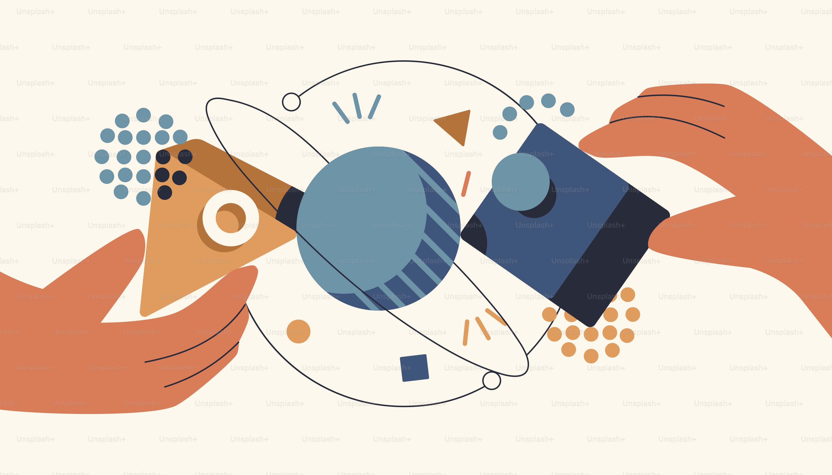 Dos manos conectan formas geométricas abstractas y esferas.