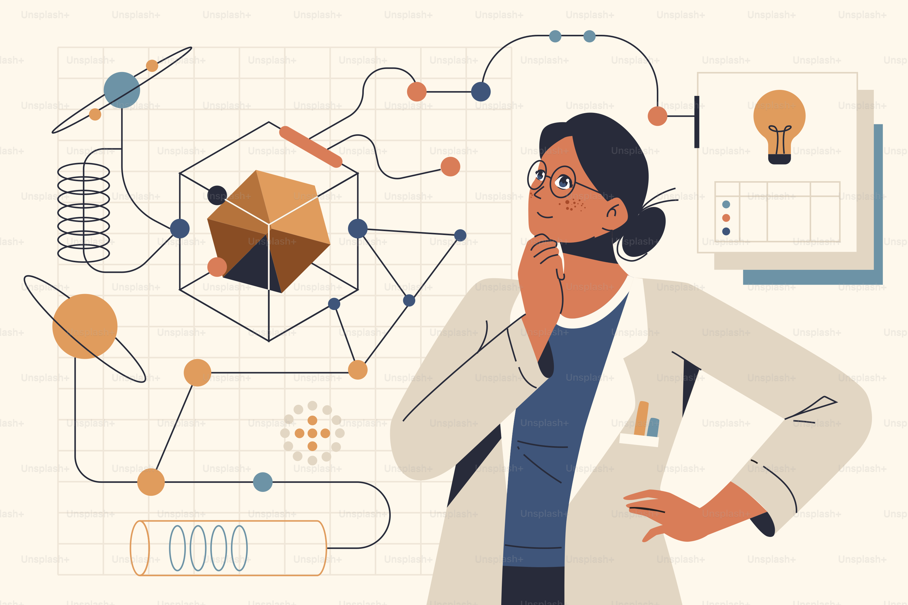 Scientist contemplating a complex scientific diagram