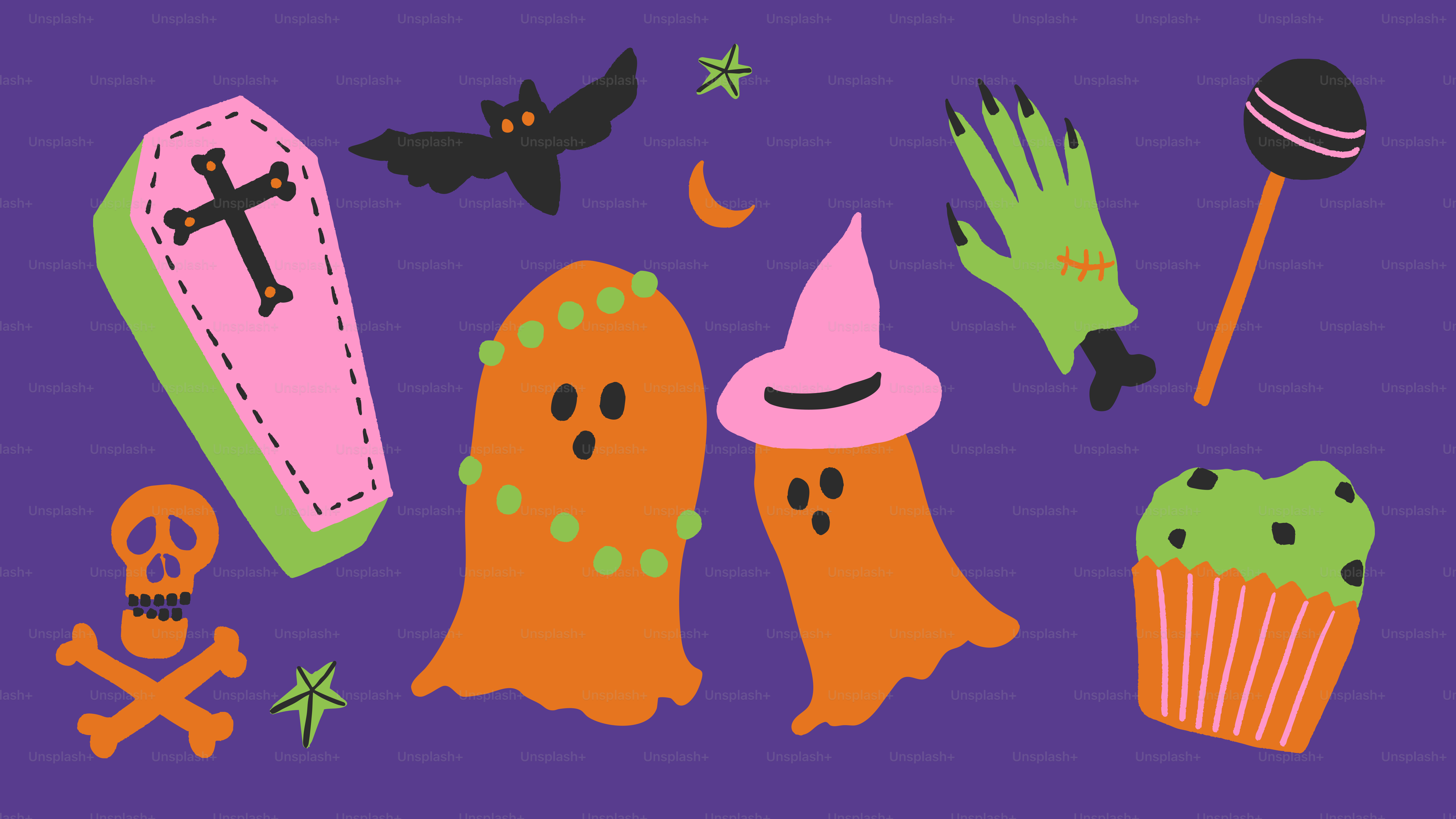 Halloween icons including ghosts, coffin, and cupcake.