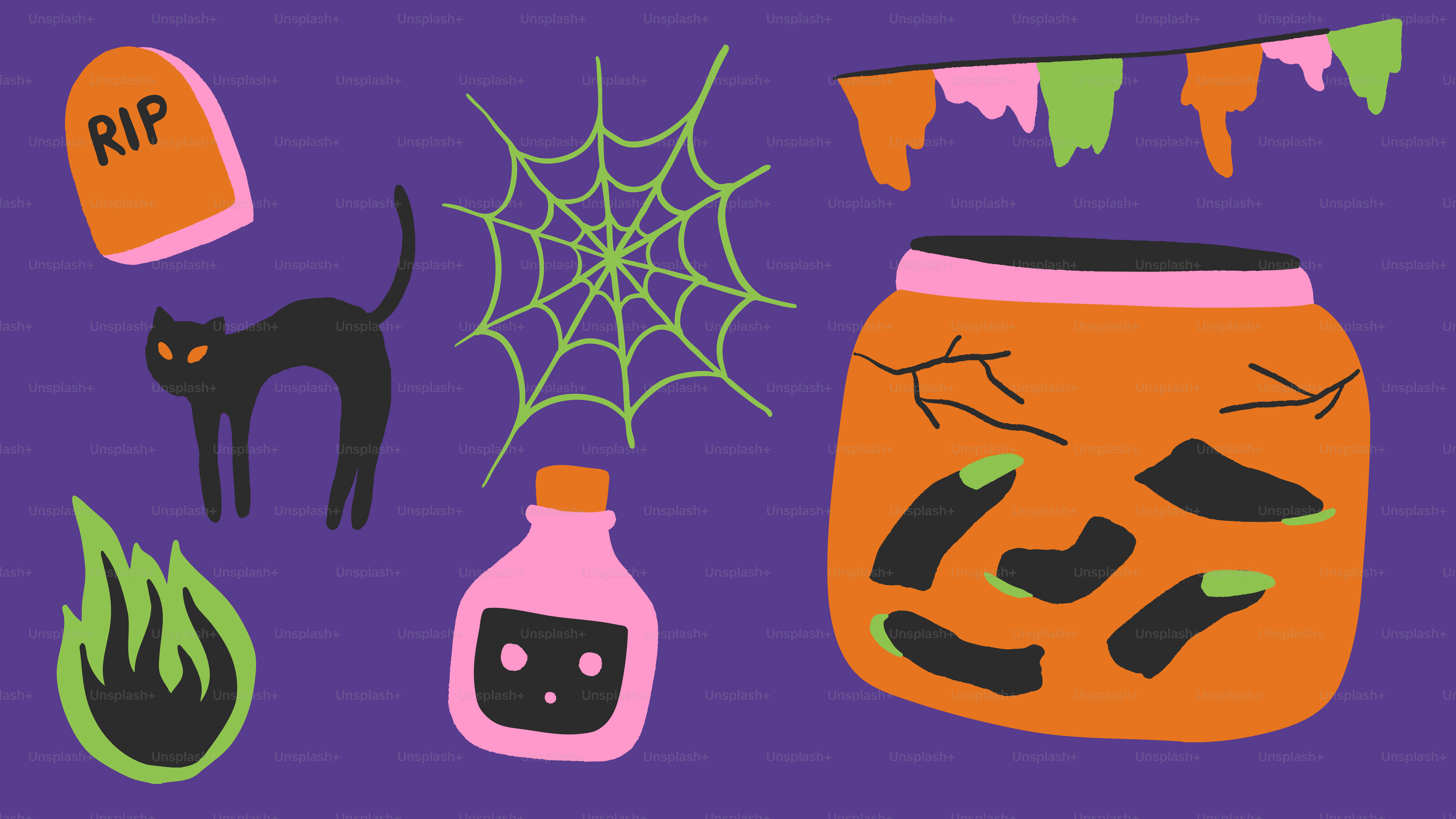 Ícones de Halloween incluindo um gato preto e uma teia de aranha