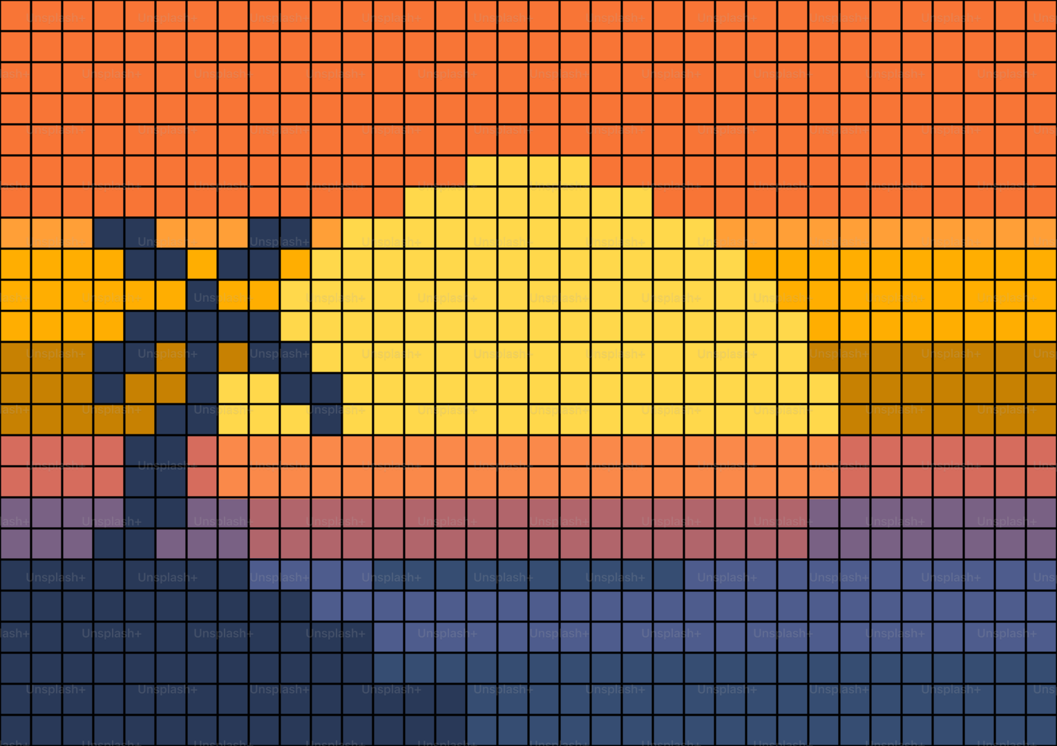 Pixel-Art-Sonnenuntergang mit Palme und Ozean