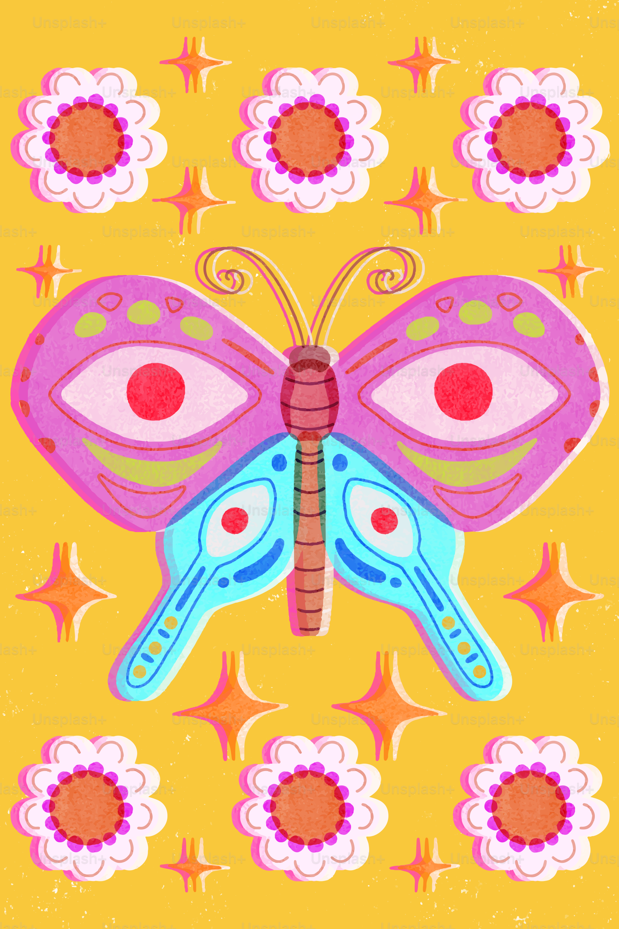 Borboleta fantasiosa com olhos e flores sobre fundo amarelo