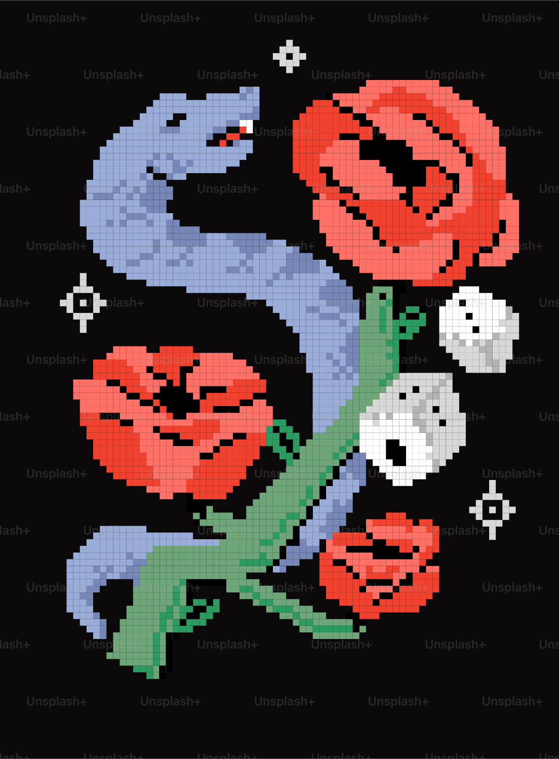 Serpente pixel art con papaveri e dadi su sfondo nero