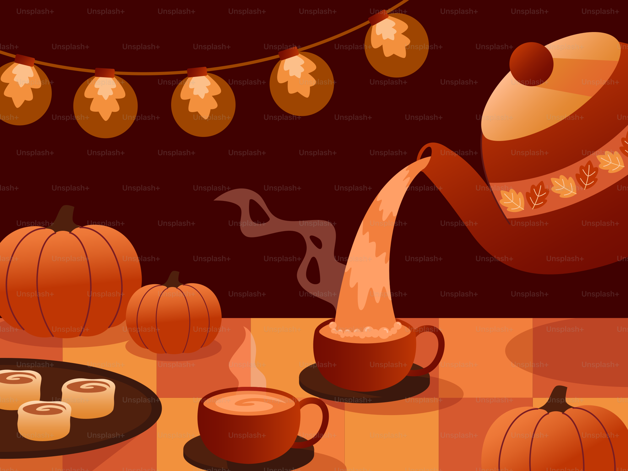 Autumn scene with pumpkins and hot drinks being poured