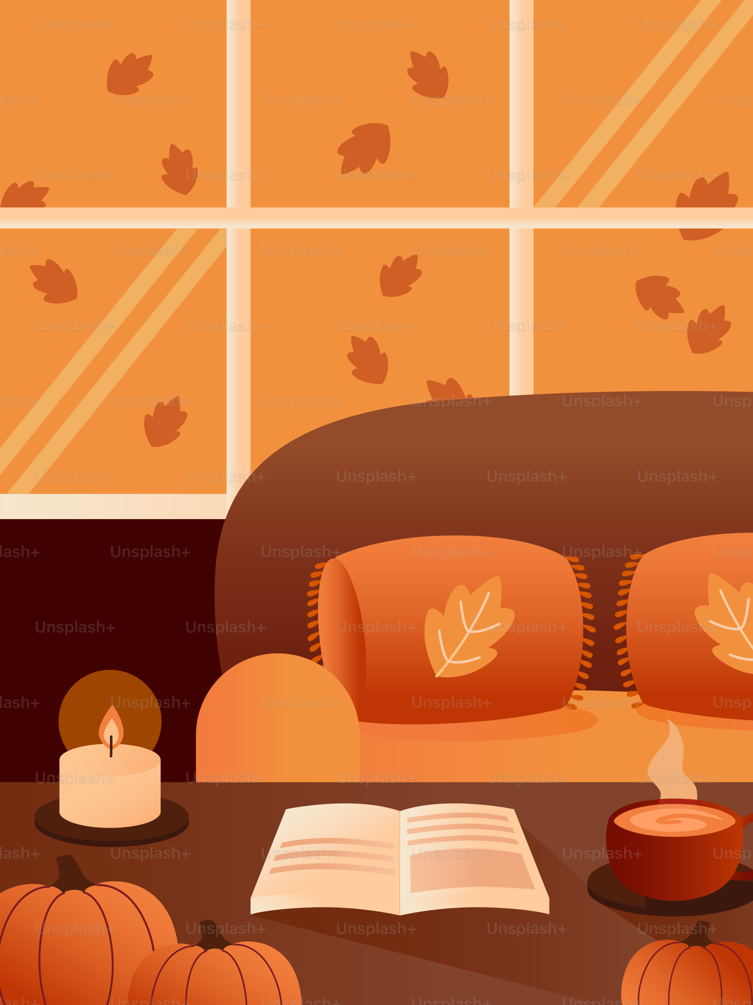 Cozy autumn scene with pumpkins and a book.