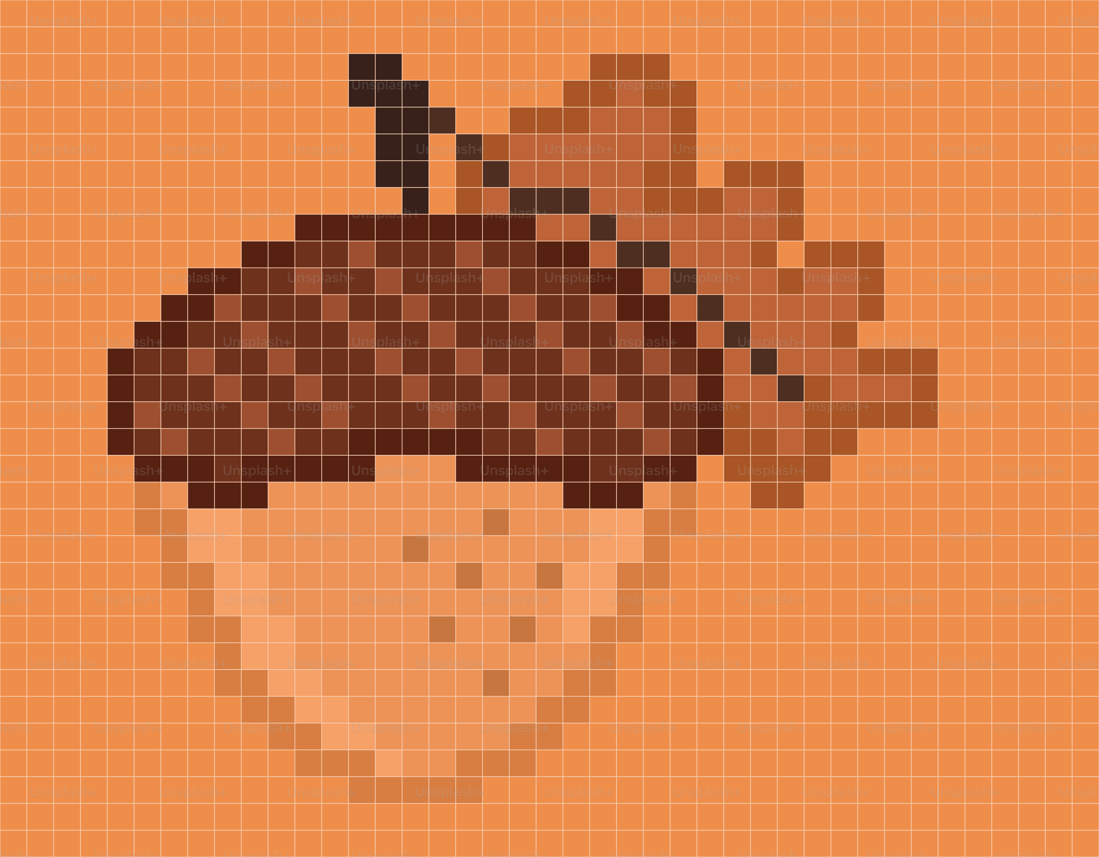 Pixel art acorn with oak leaves on orange background