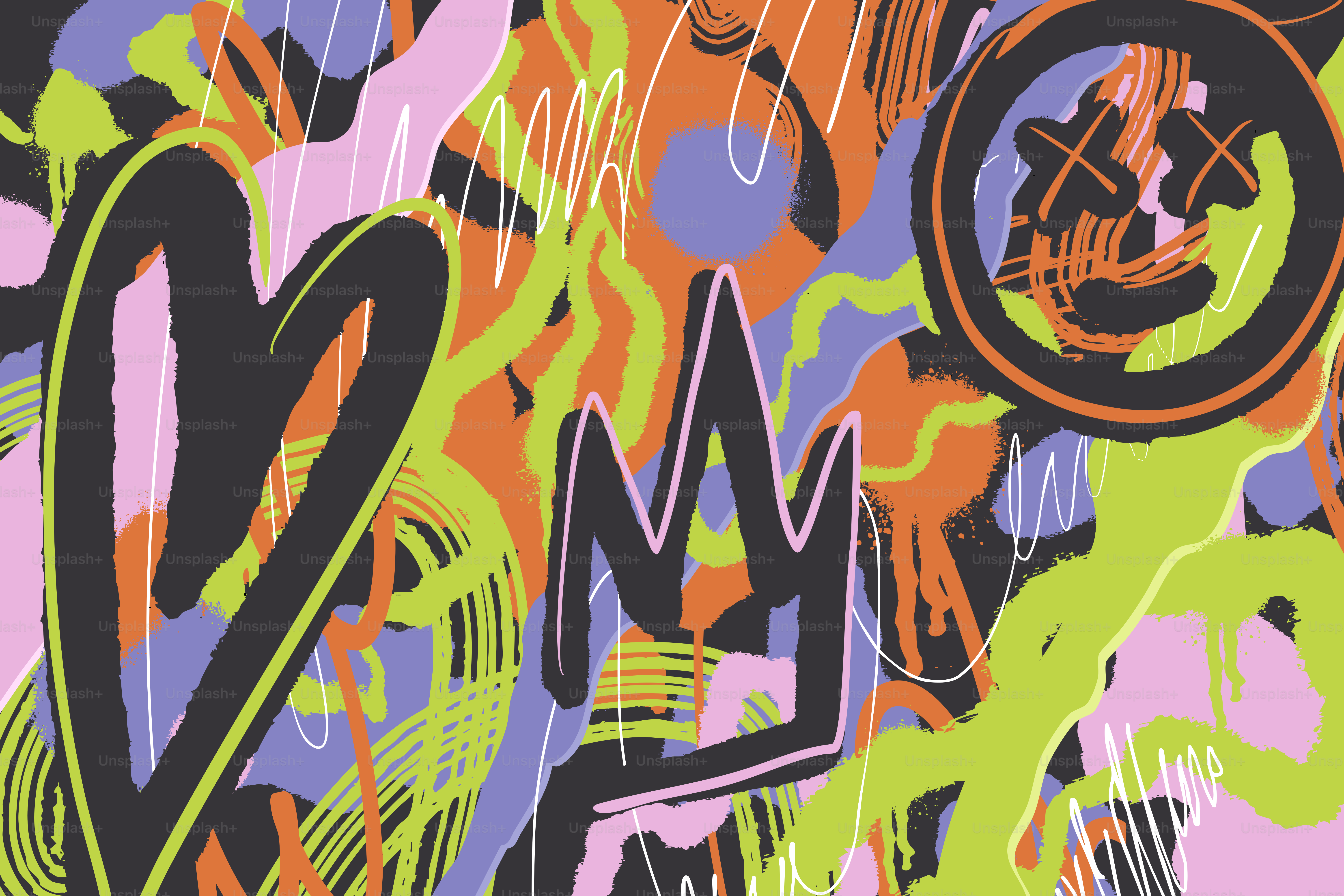 Abstract graffiti art with heart and crown symbols.