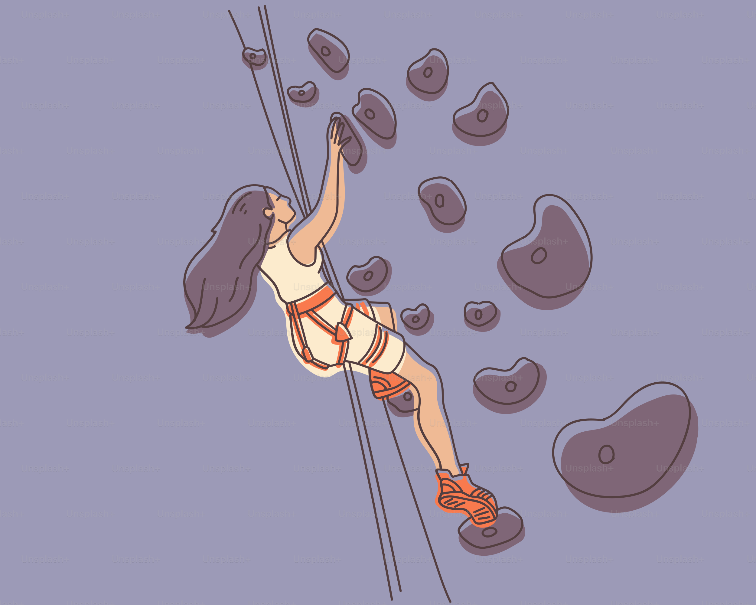 Woman climbing a purple wall with handholds