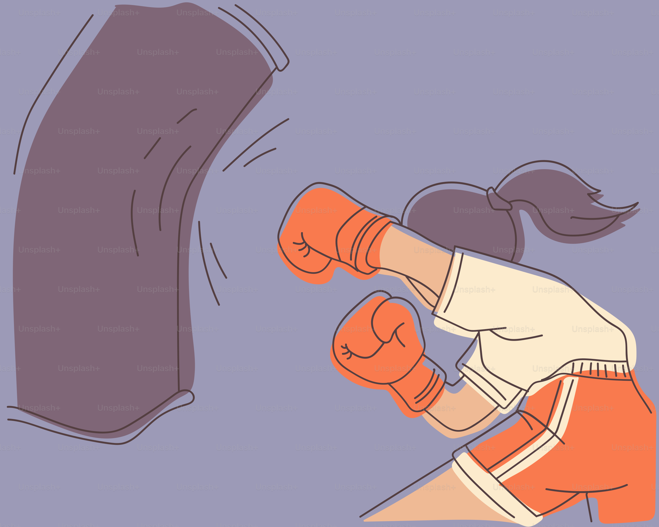 Mujer golpeando un saco de boxeo con guantes naranjas.