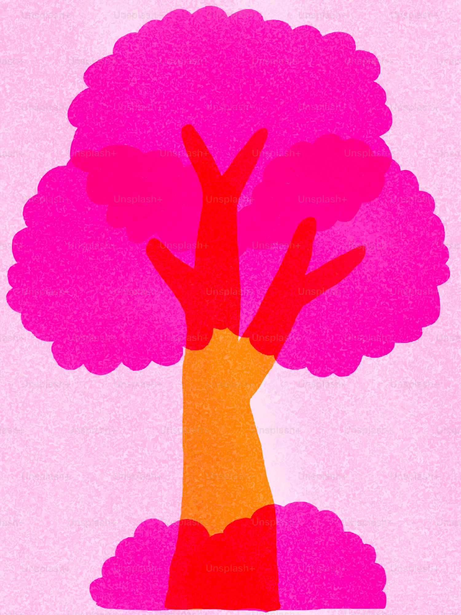 Árbol rosa estilizado con tronco naranja y ramas rojas