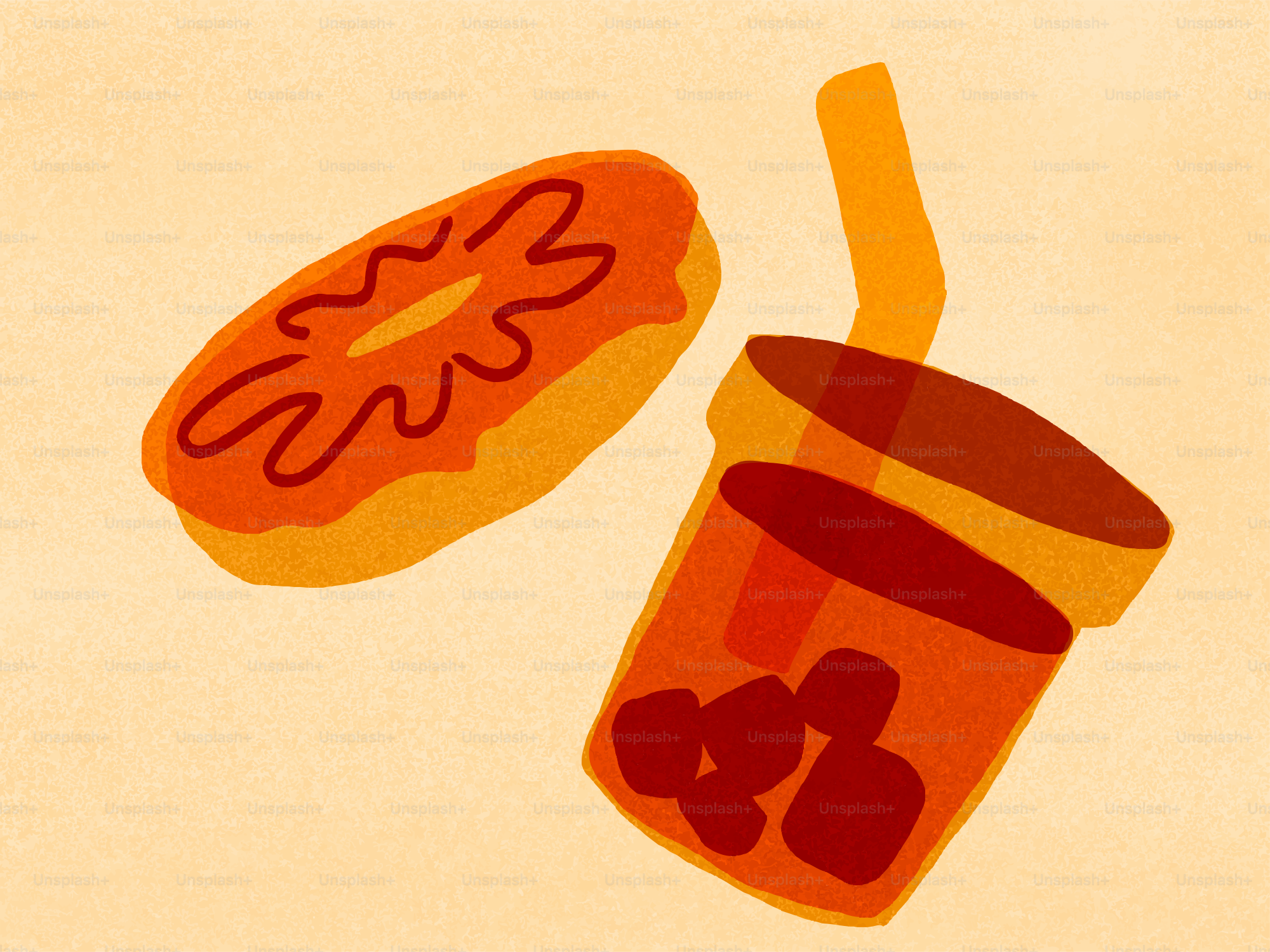 Donut and iced drink with straw on beige background.