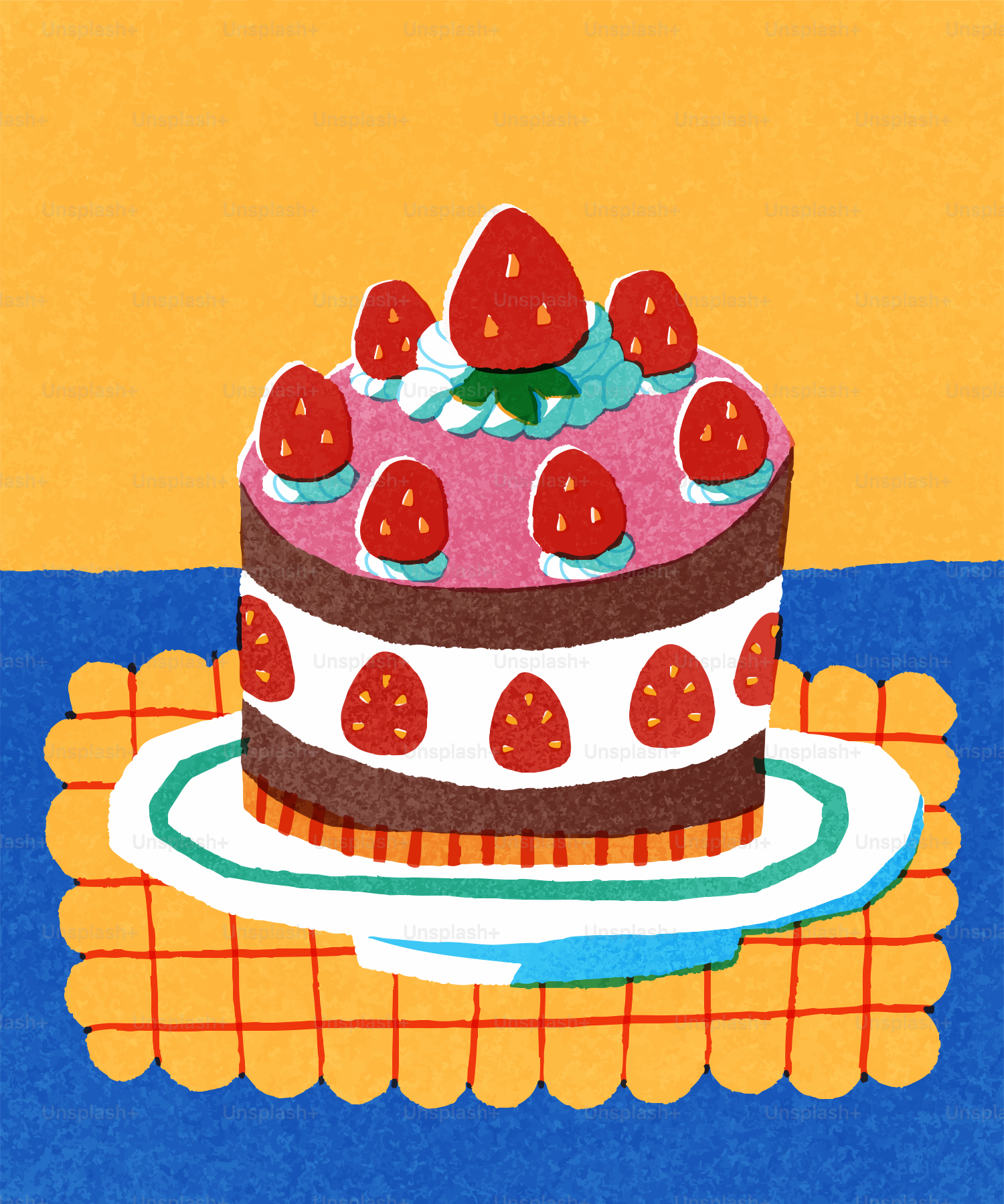 A delicious strawberry cake with frosting and fruit.
