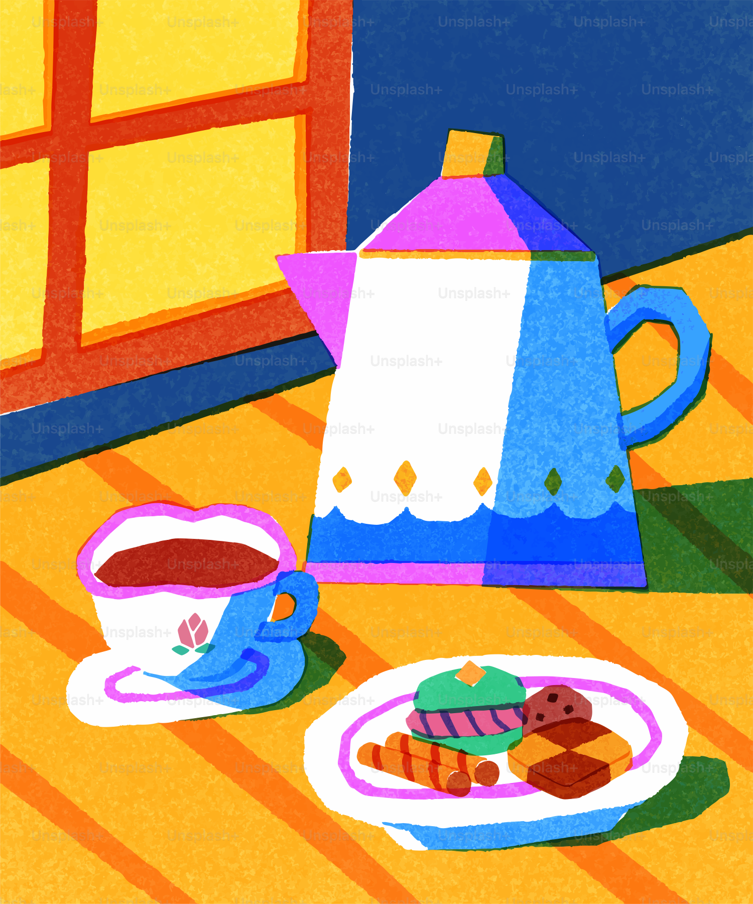 Una caffettiera colorata con tazza e biscotti