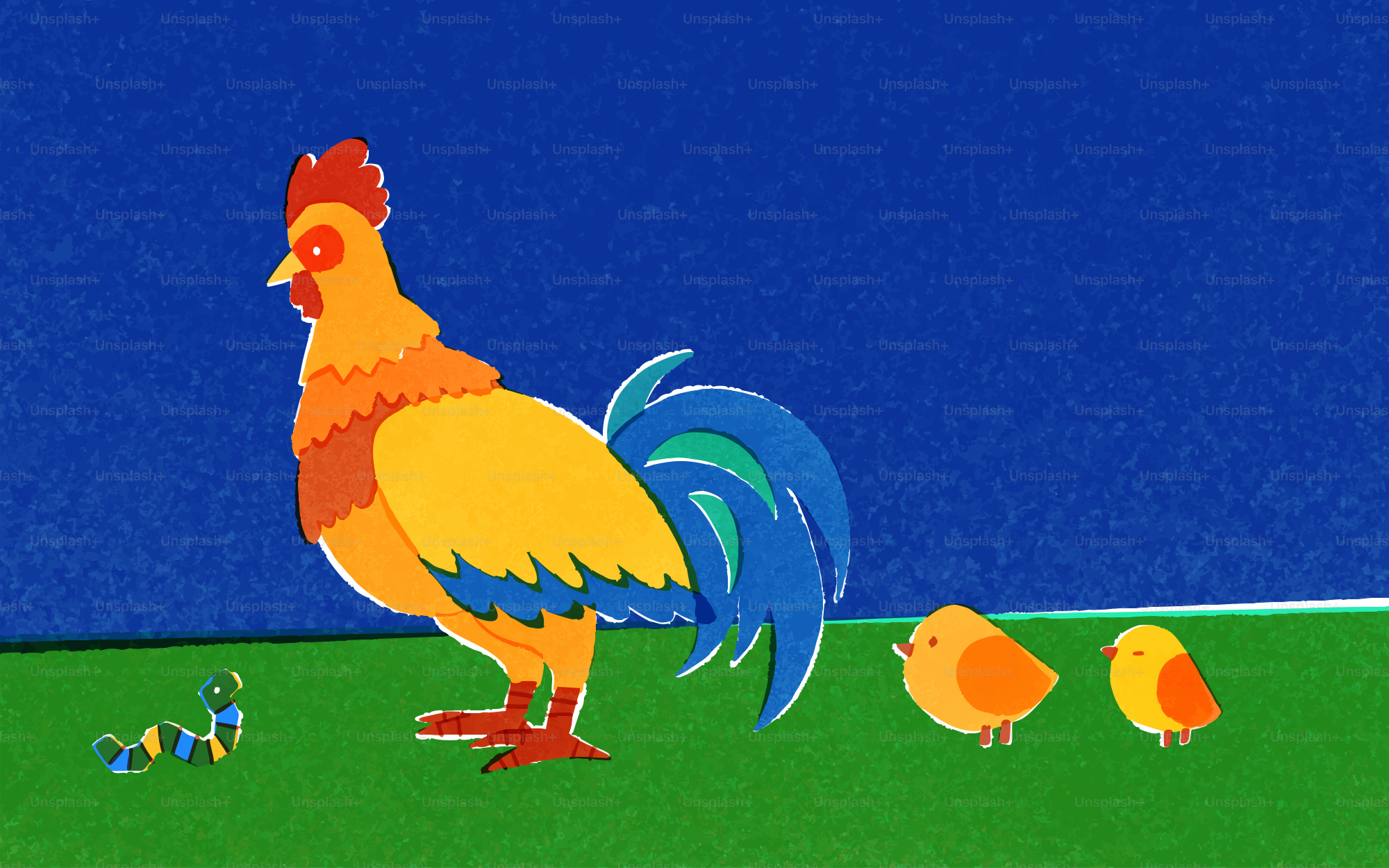 Rooster with chicks and a worm on grass