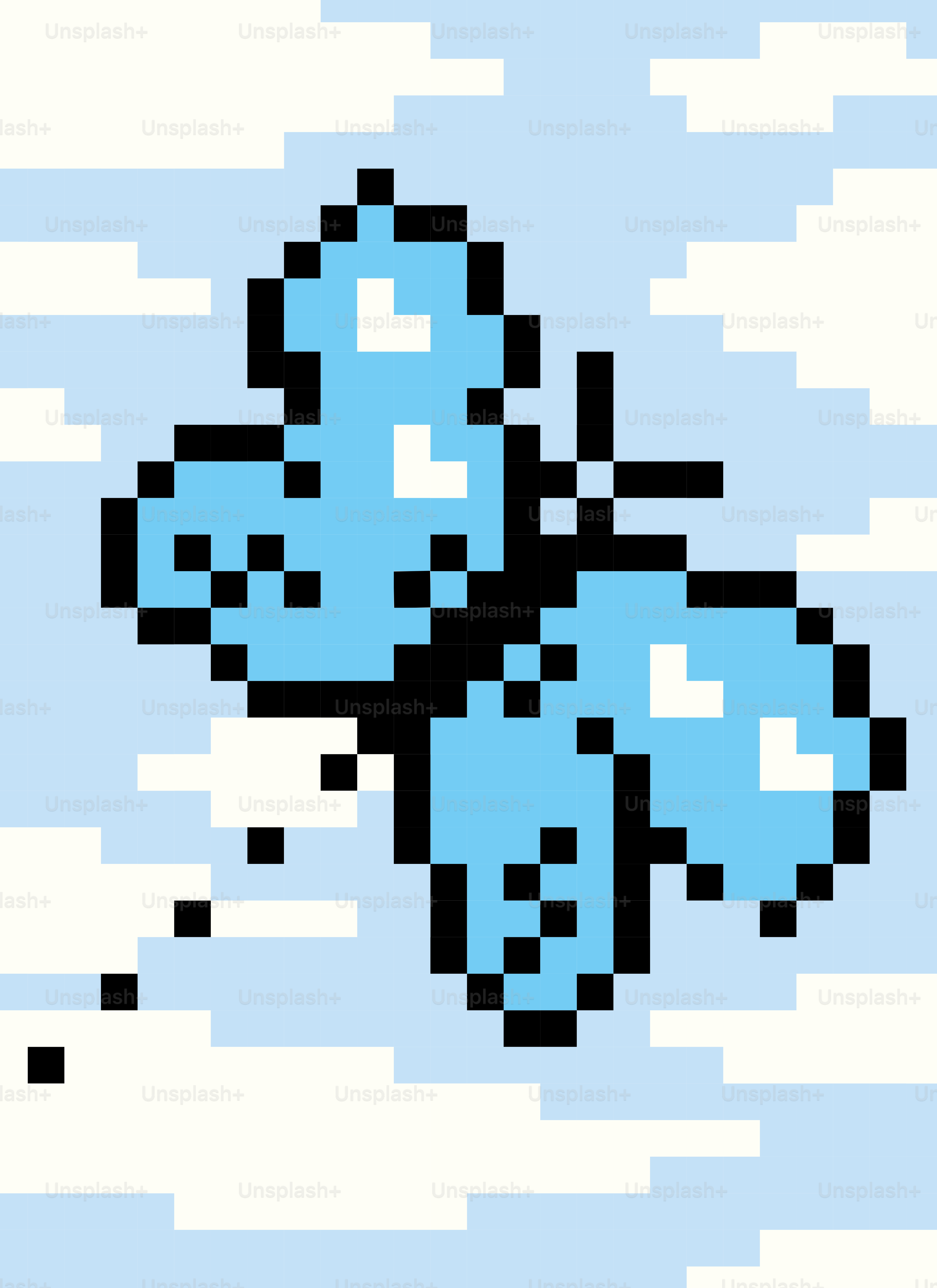 Pixel art blue butterfly flying in a cloudy sky