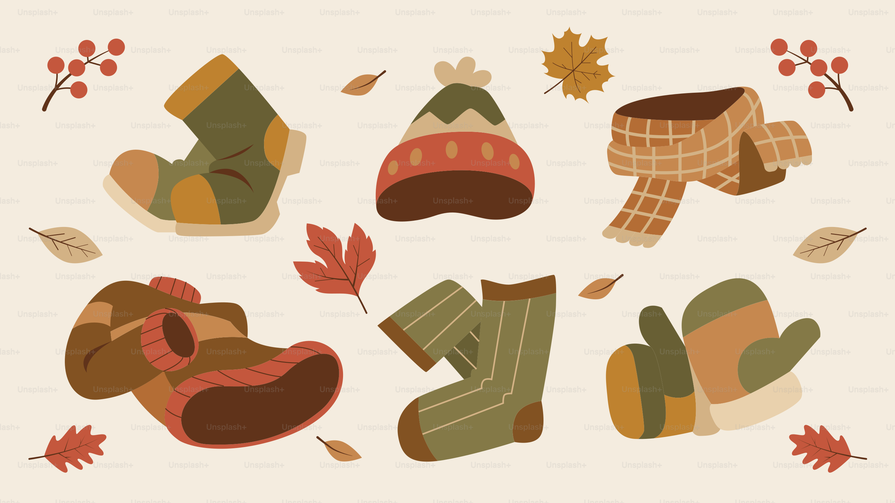 Herbstkleidung und Blätter lagen auf einem hellen Hintergrund verstreut.