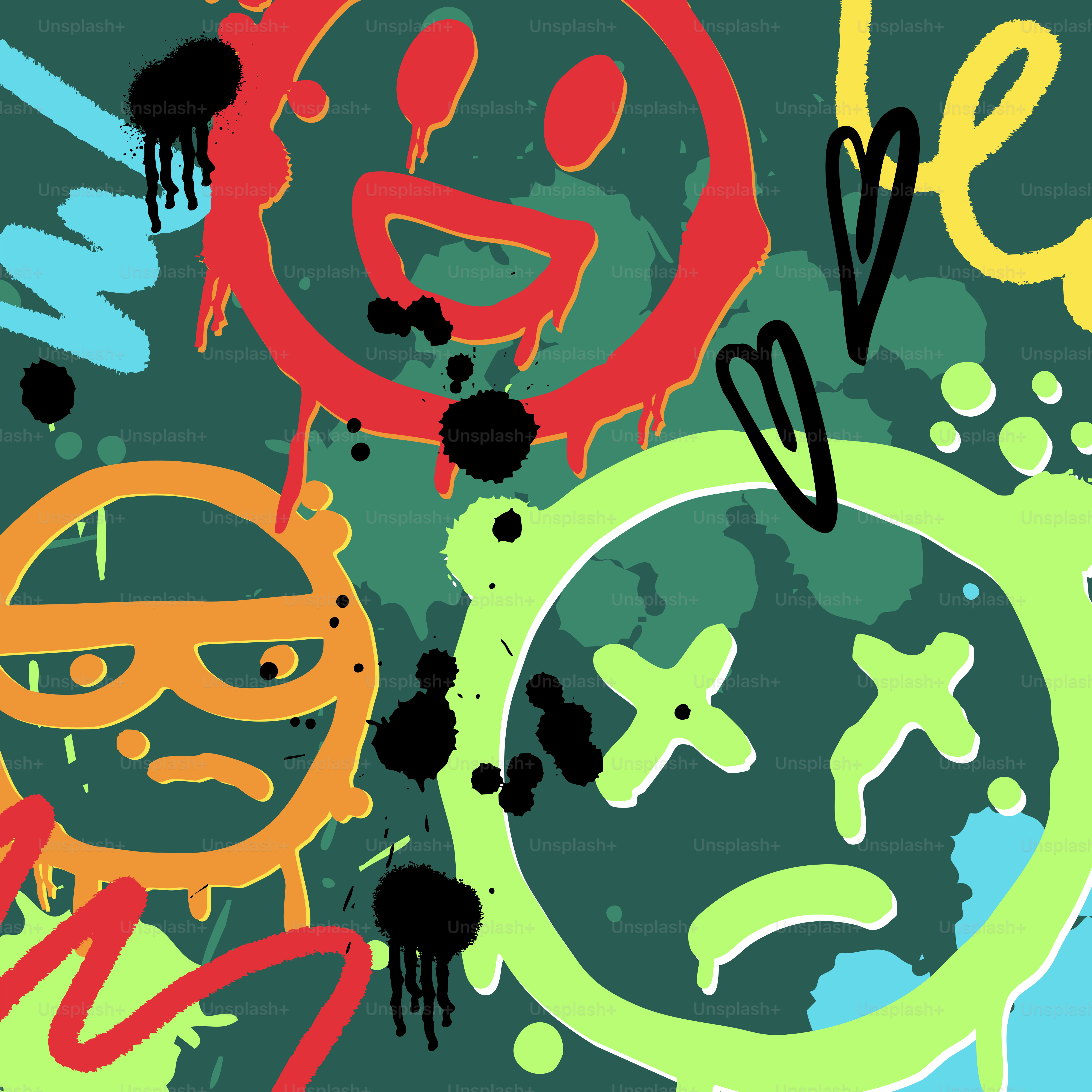 Graffiti style faces with colorful drips and splatters.