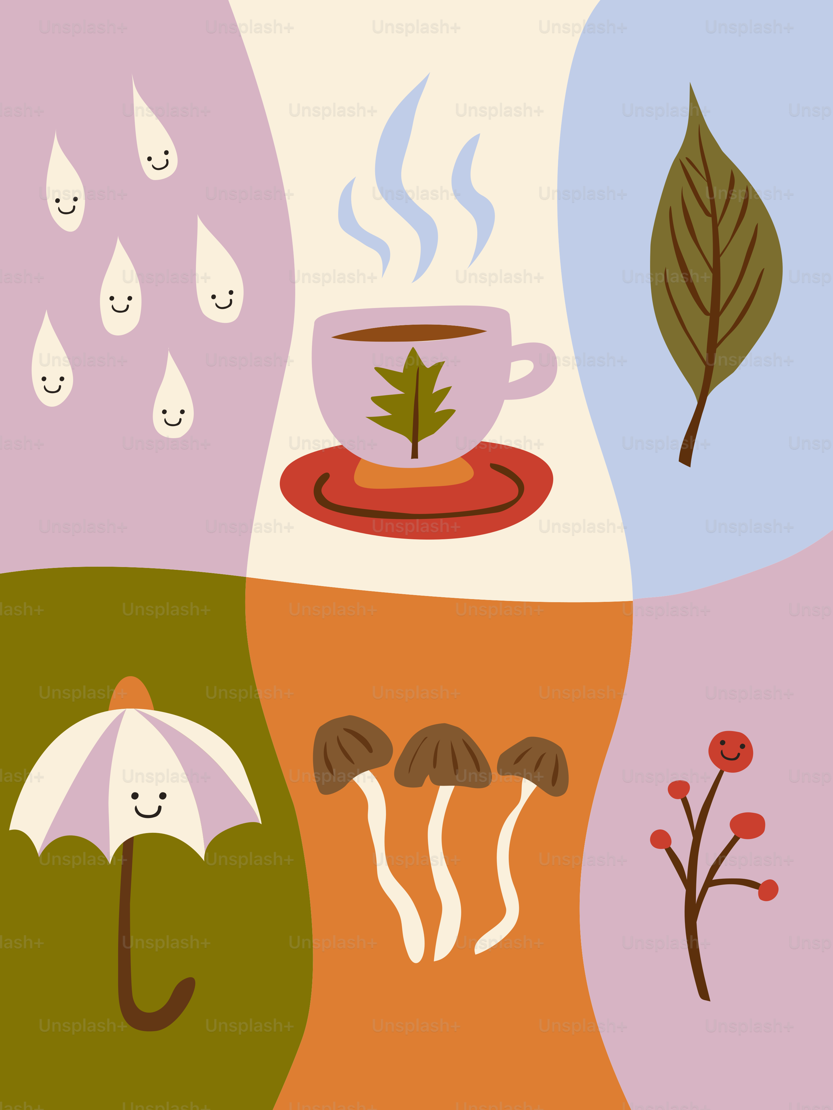 Autumn elements: rain, tea, leaf, umbrella, mushrooms, berries