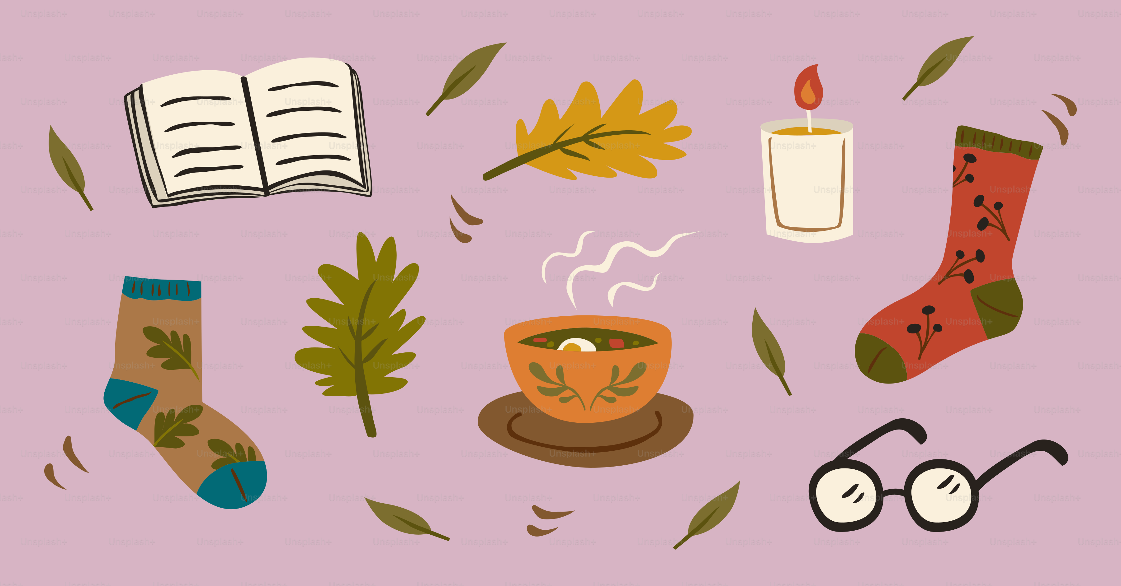 Gemütliche Herbstartikel: Buch, Socken, Suppe, Kerze, Gläser.
