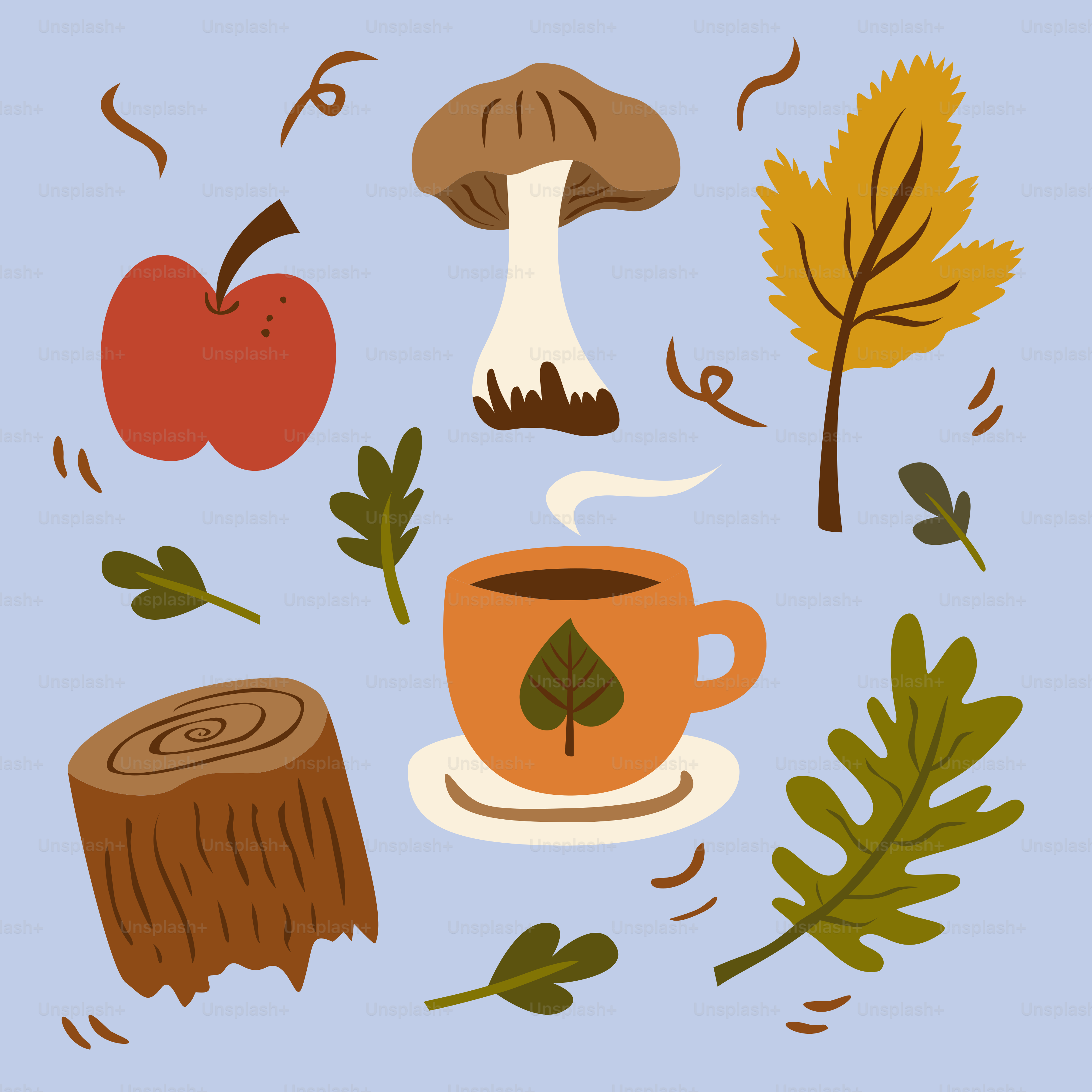 Herbstelemente: Äpfel, Pilze, Blätter und heißes Getränk.