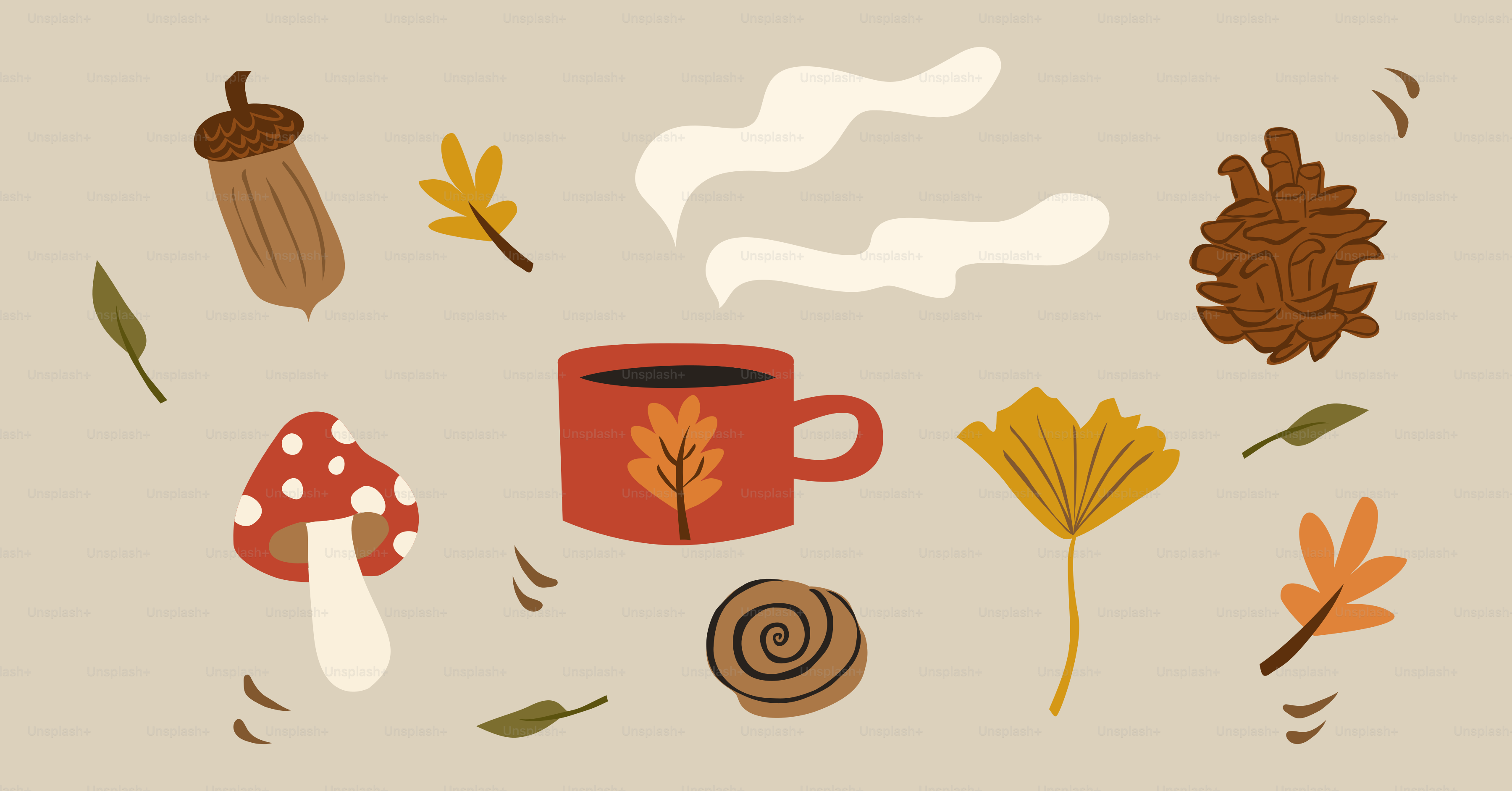 Autumnal elements with a steaming mug of coffee.