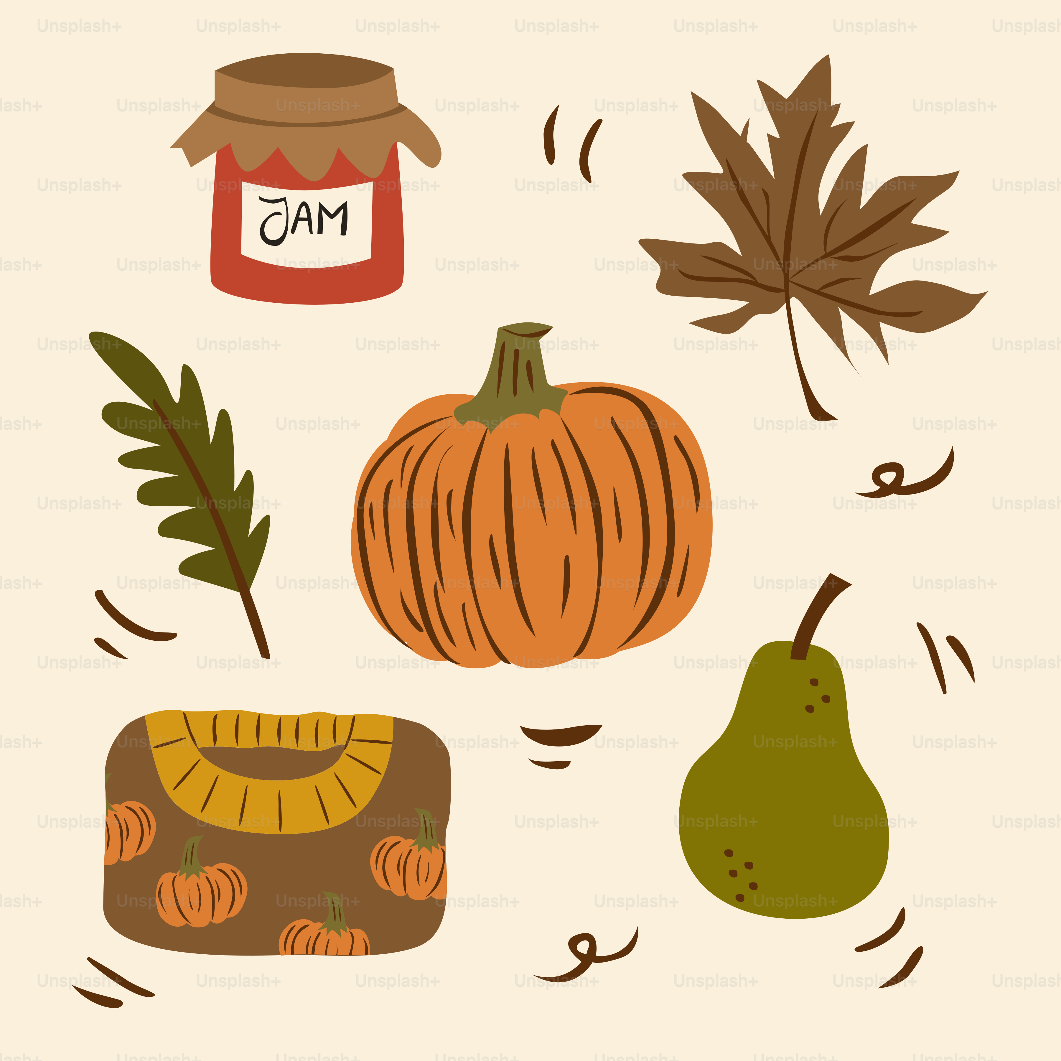 Herbstelemente: Kürbis, Marmelade, Birne, Pullover, Blätter.