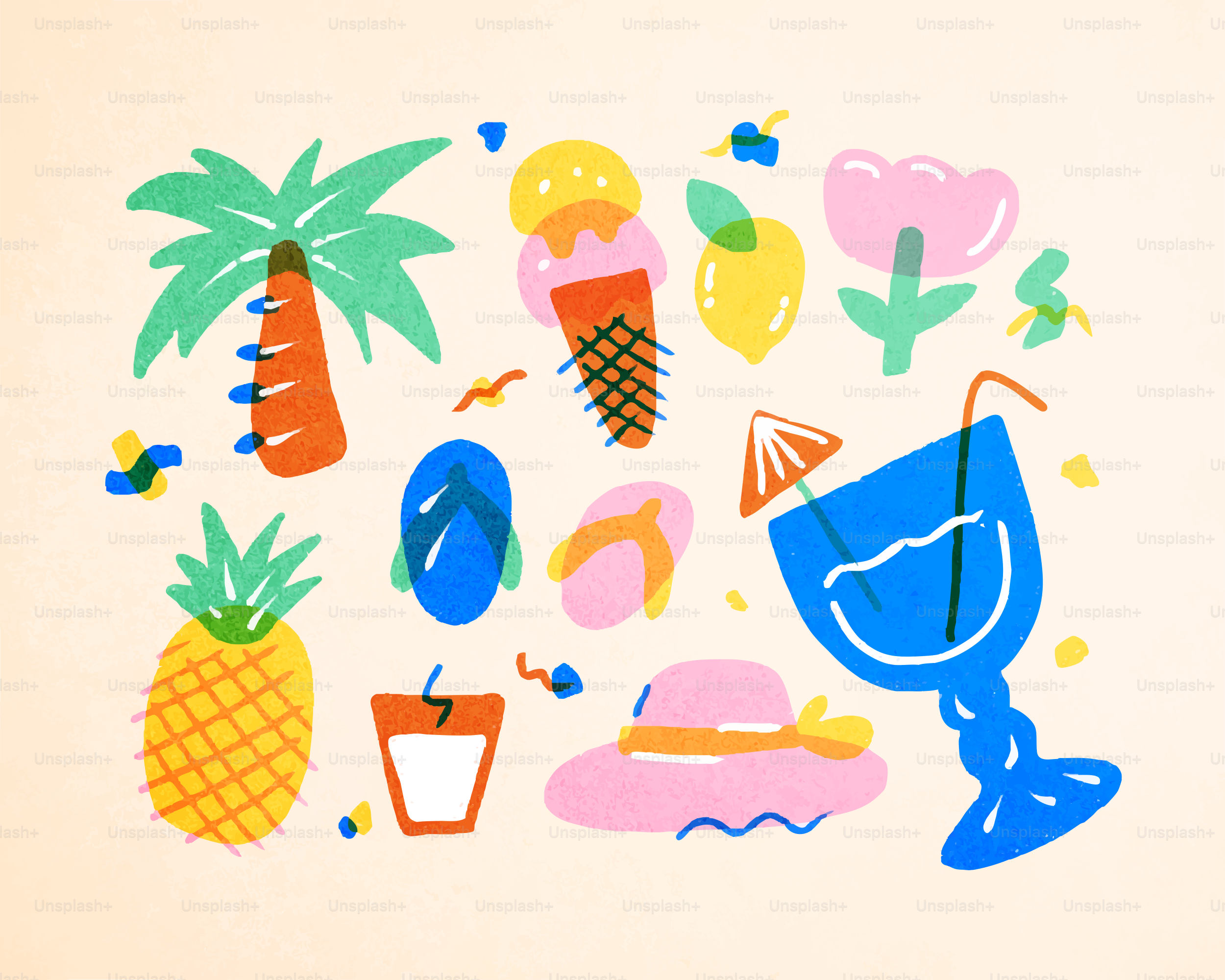 Colorful summer icons including palm tree, ice cream, and drink.