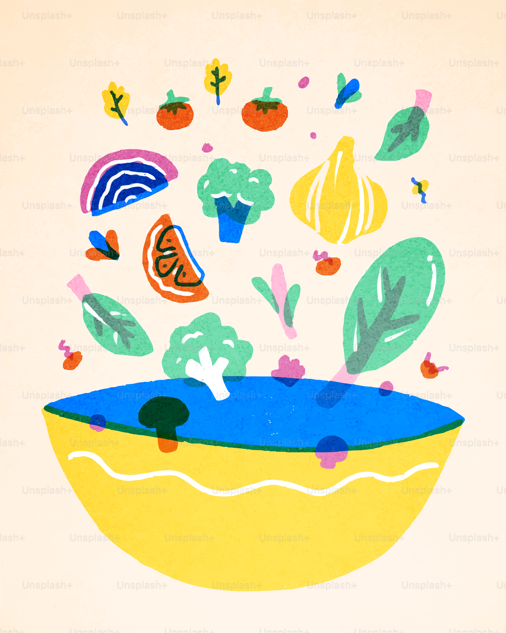 Des légumes et fruits colorés tombant dans un bol.