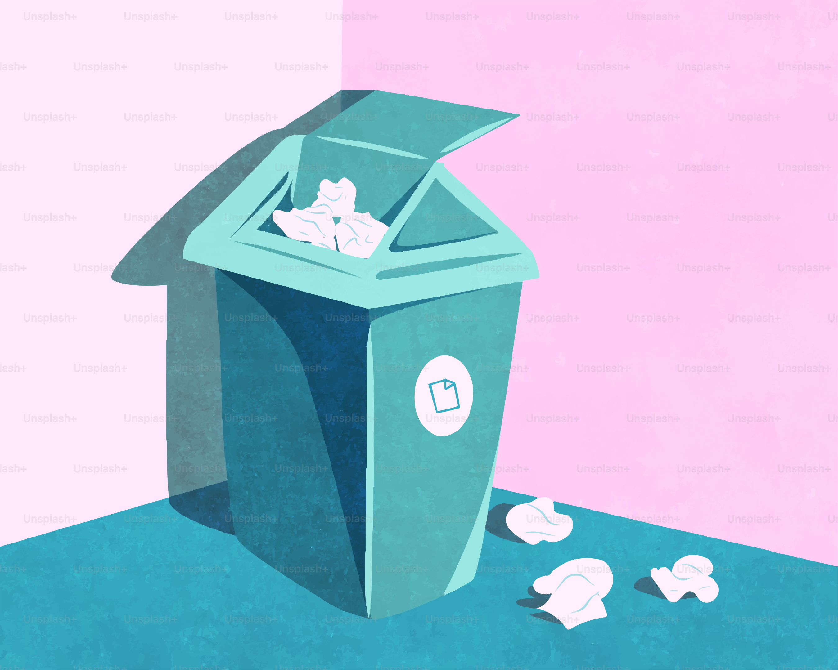 Teal trash can with crumpled paper in corner.