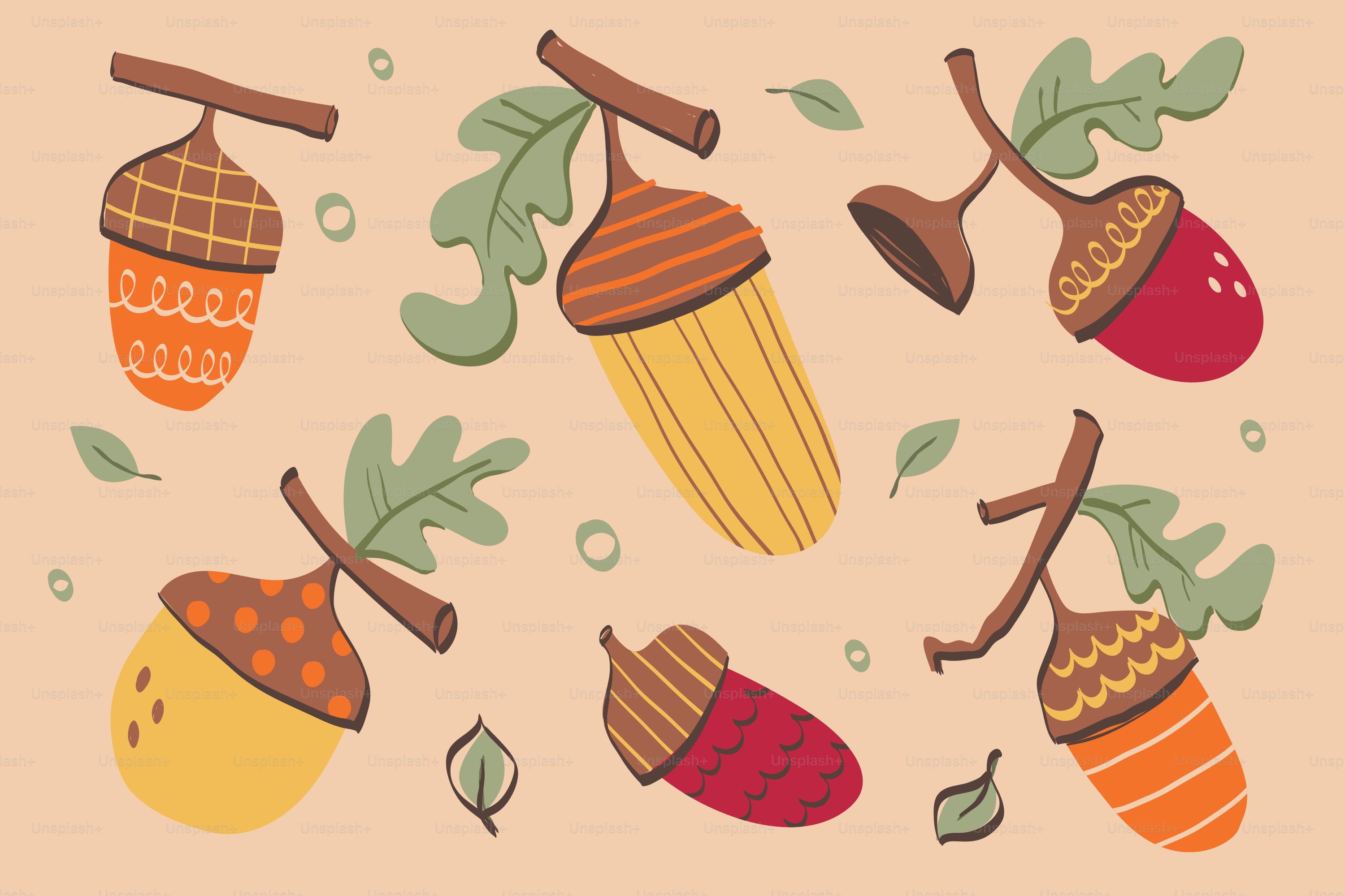 Decorative acorns with leaves on a light background