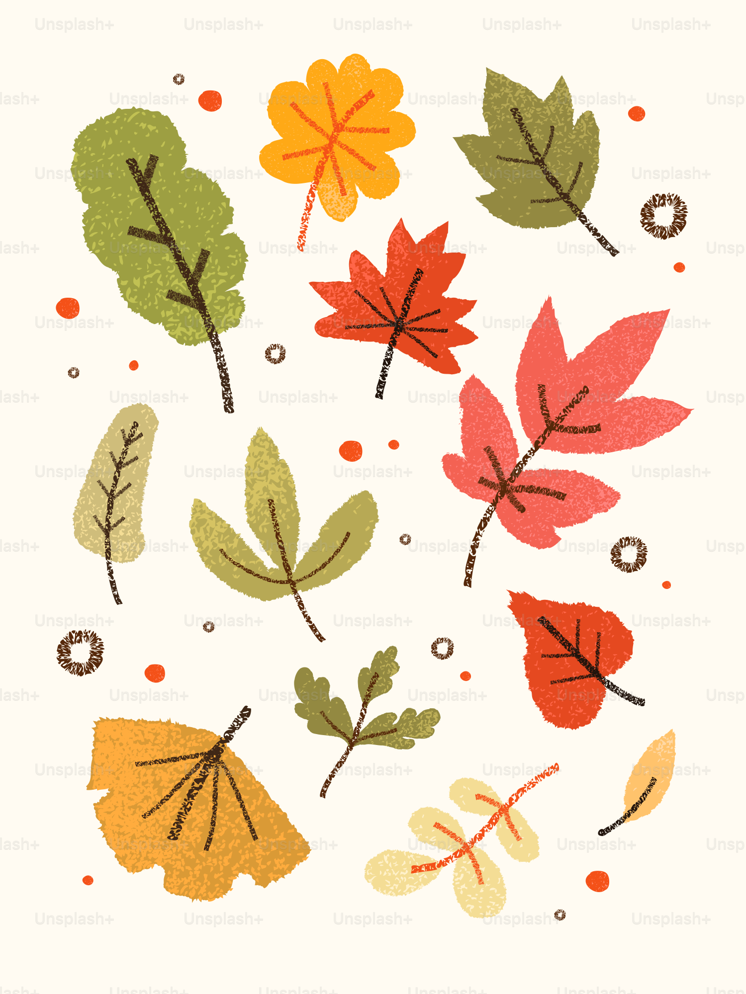 Assortment of colorful autumn leaves on a cream background.
