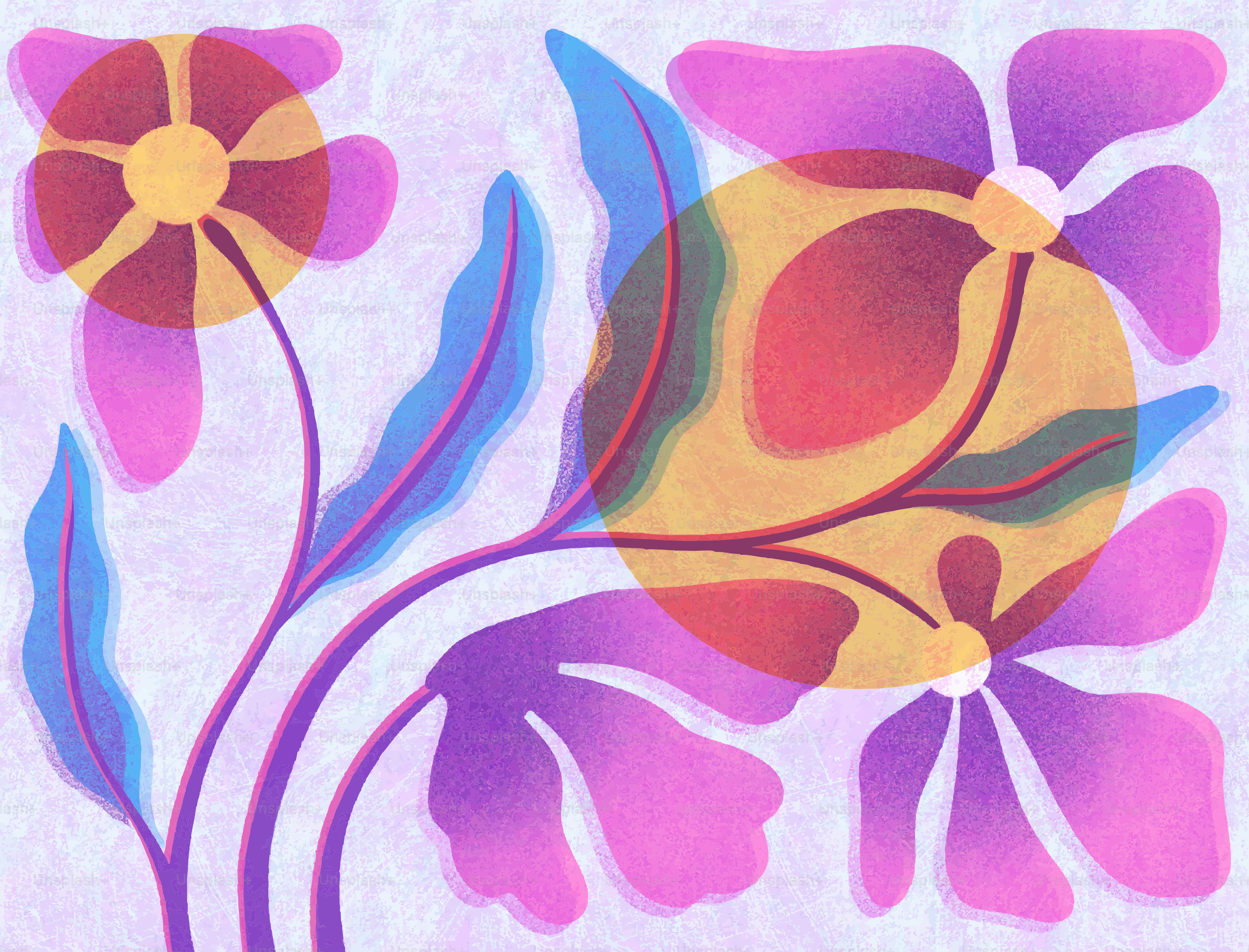 Stylized floral design with purple petals and yellow centers.