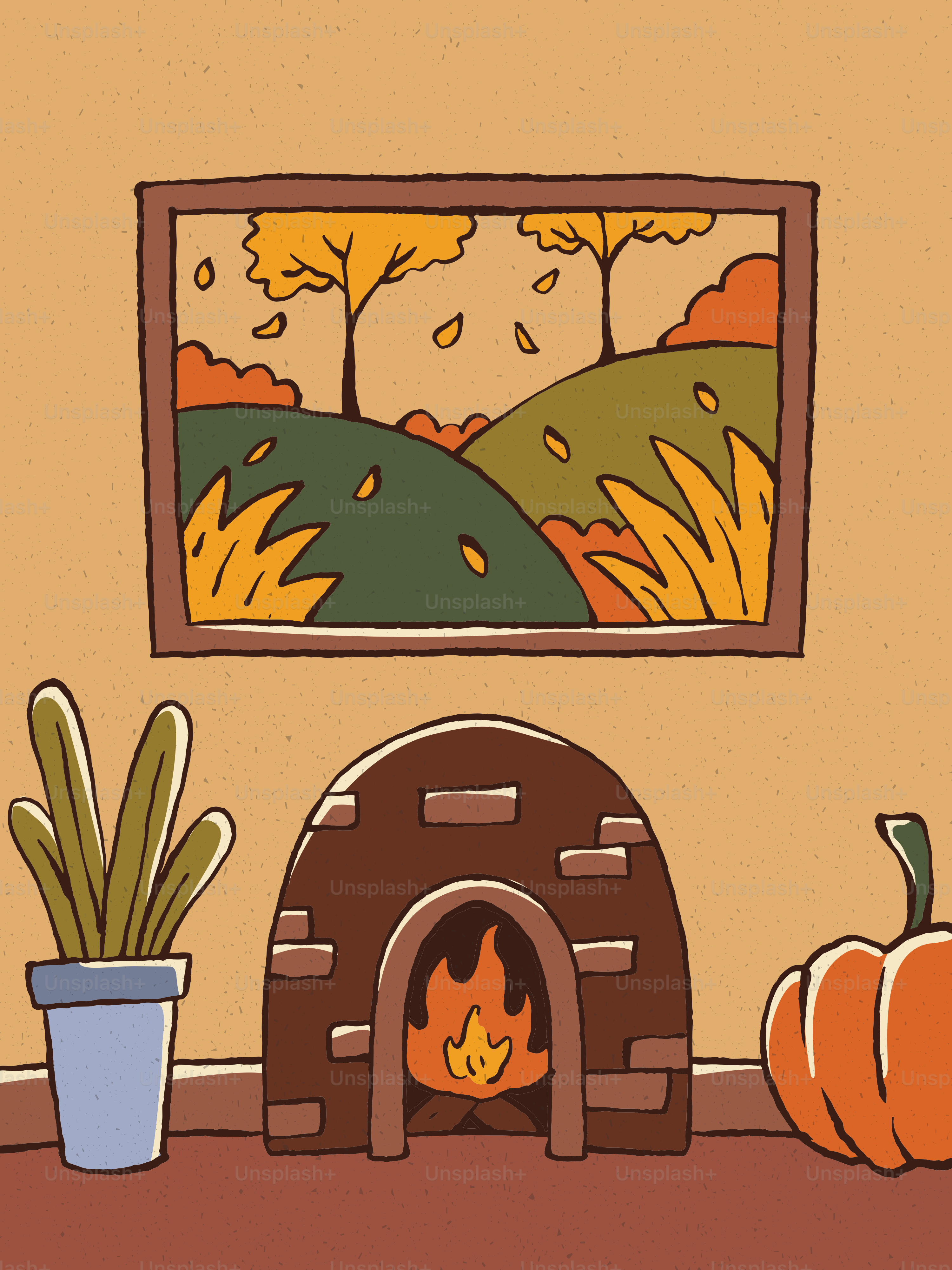 Gemütlicher Kamin mit Herbstkunst und Kürbis