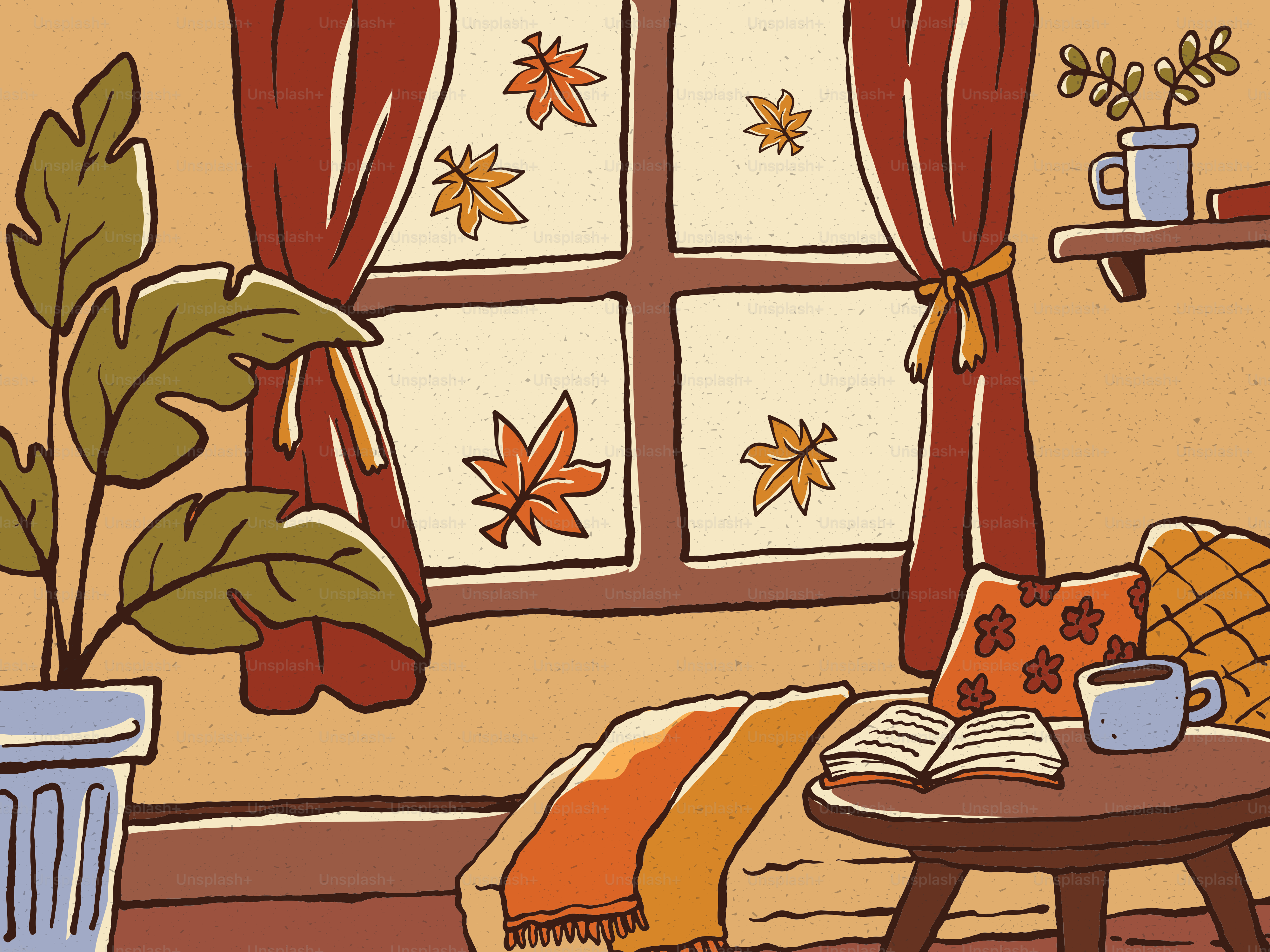 Cozy autumn scene with falling leaves outside window.
