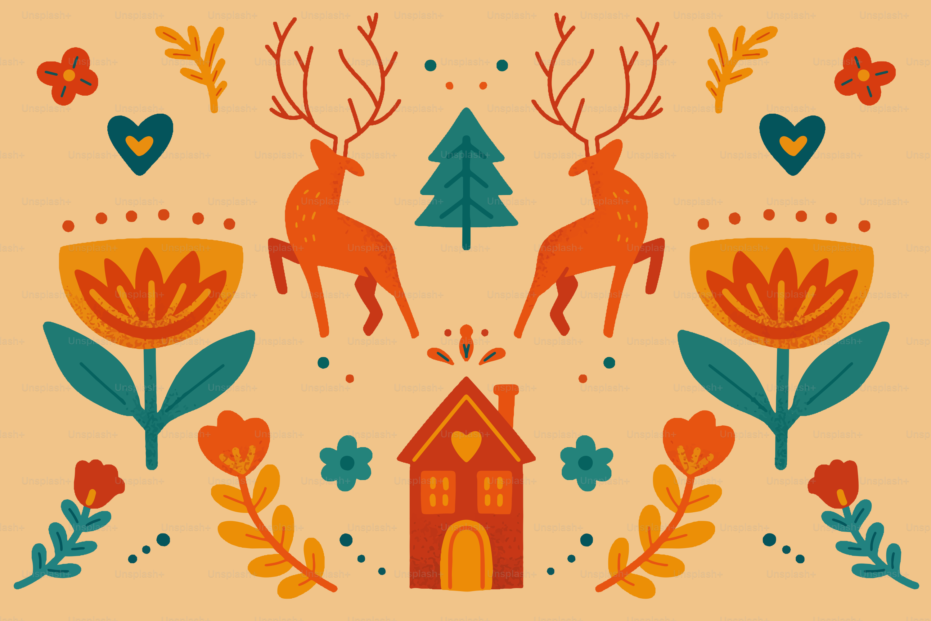 Folk art pattern with deer, house, and flowers