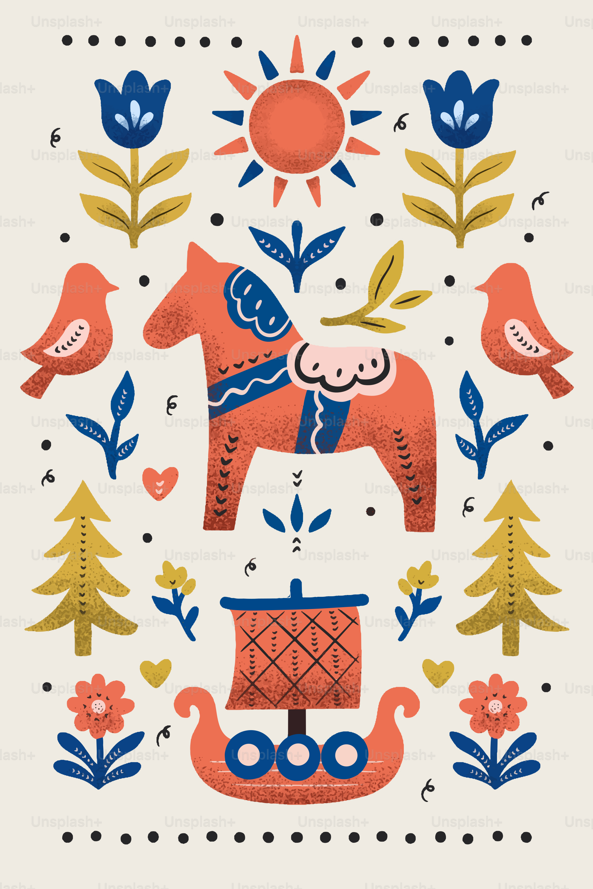 Folk art horse, sun, birds, trees, and ship illustration.