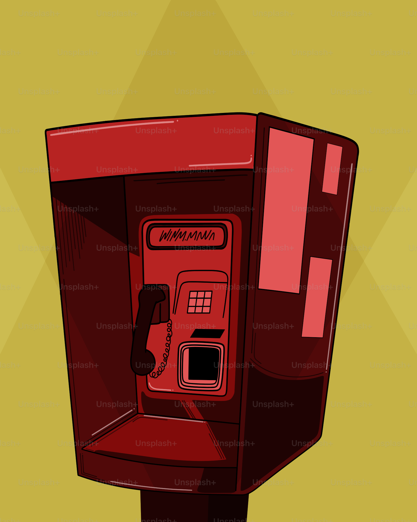 Rote Vintage-Münztelefonzelle vor gelbem Hintergrund.