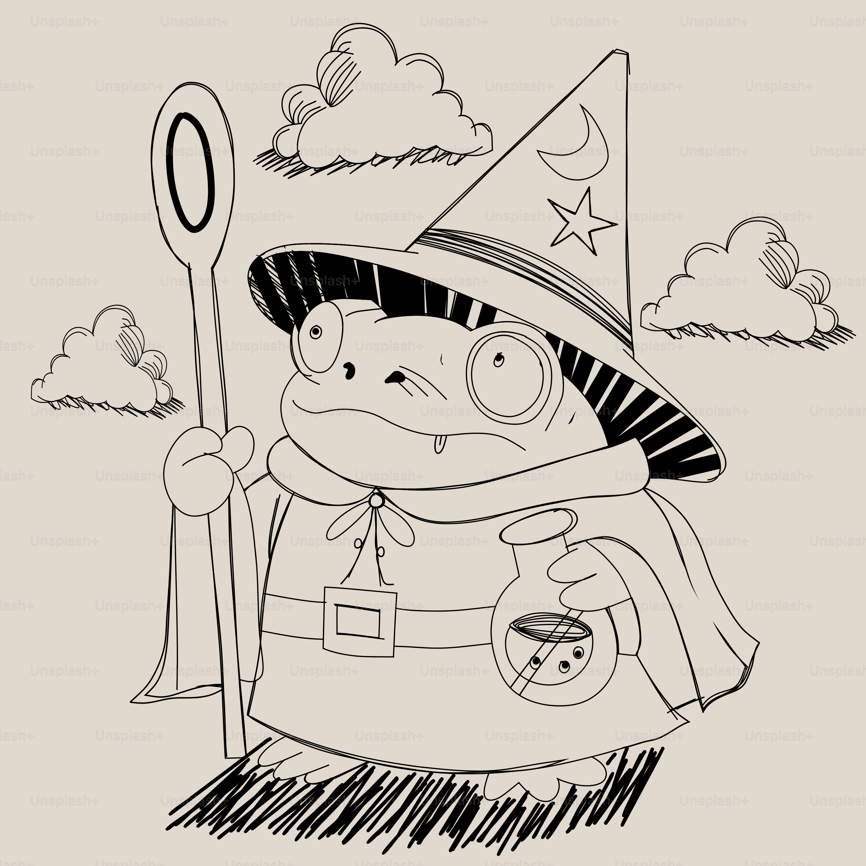 A cartoon frog wizard holding a potion and staff.