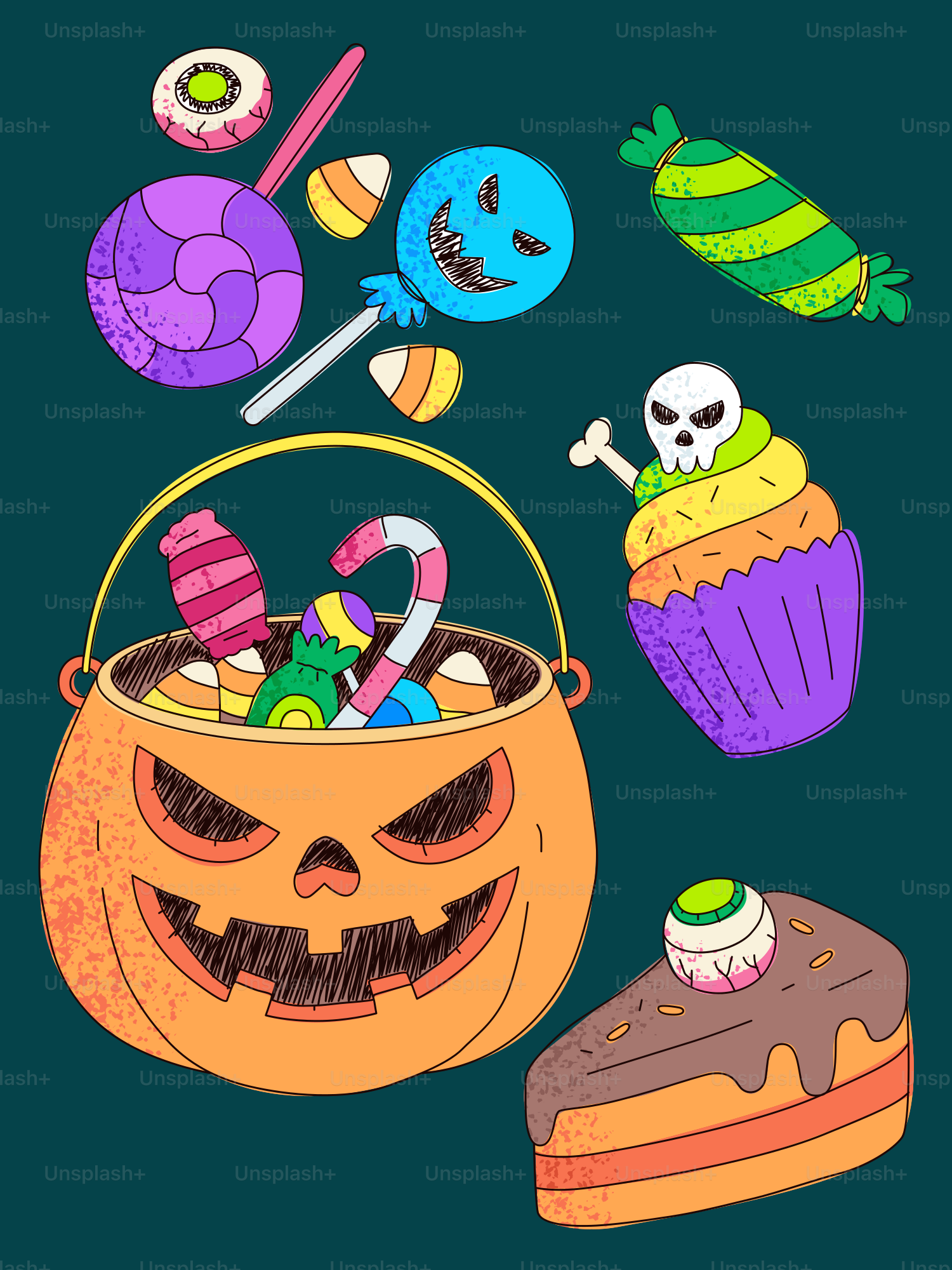 暗い背景に配置されたハロウィンのキャンディーとおやつ