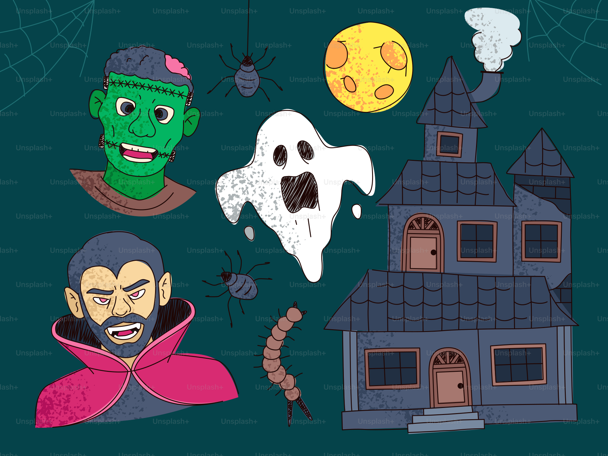 Halloween characters and spooky elements on dark background vector ...