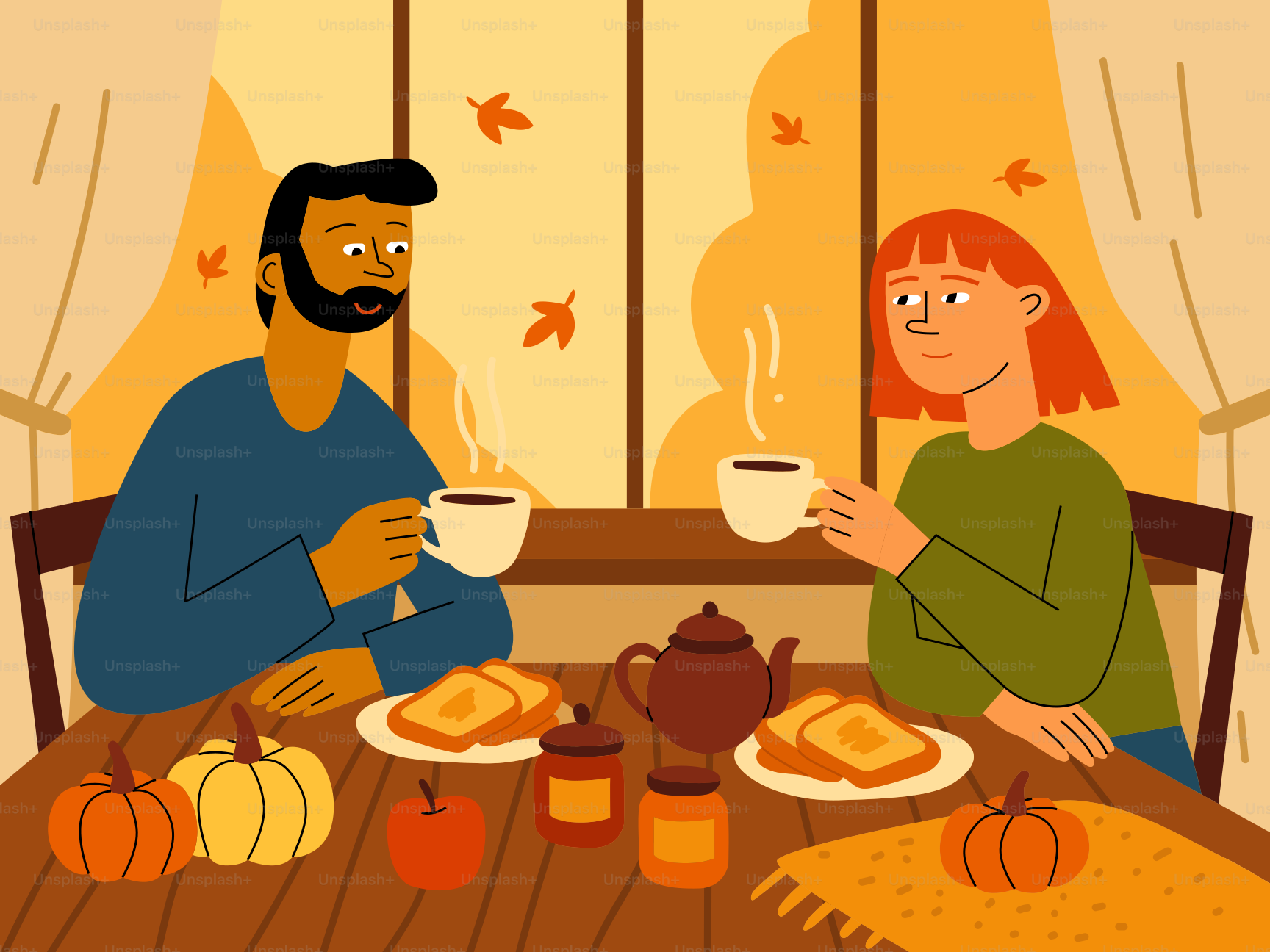 Couple enjoying breakfast with autumn decorations
