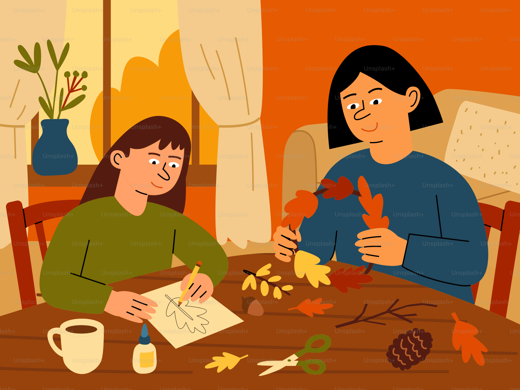 Two people crafting with autumn leaves indoors.