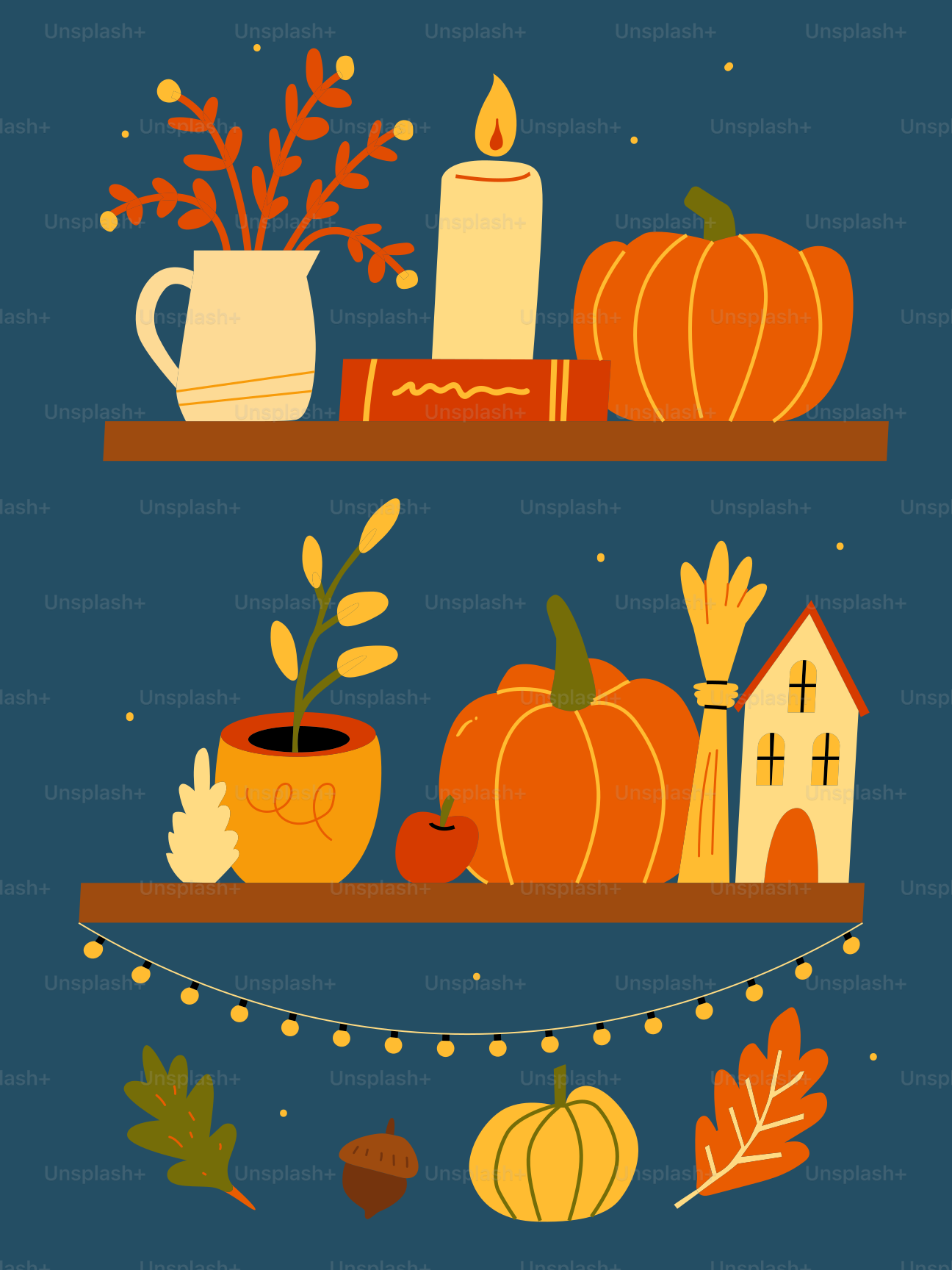 Herbstliche Dekoration mit Kürbissen, Kerzen und Blättern.