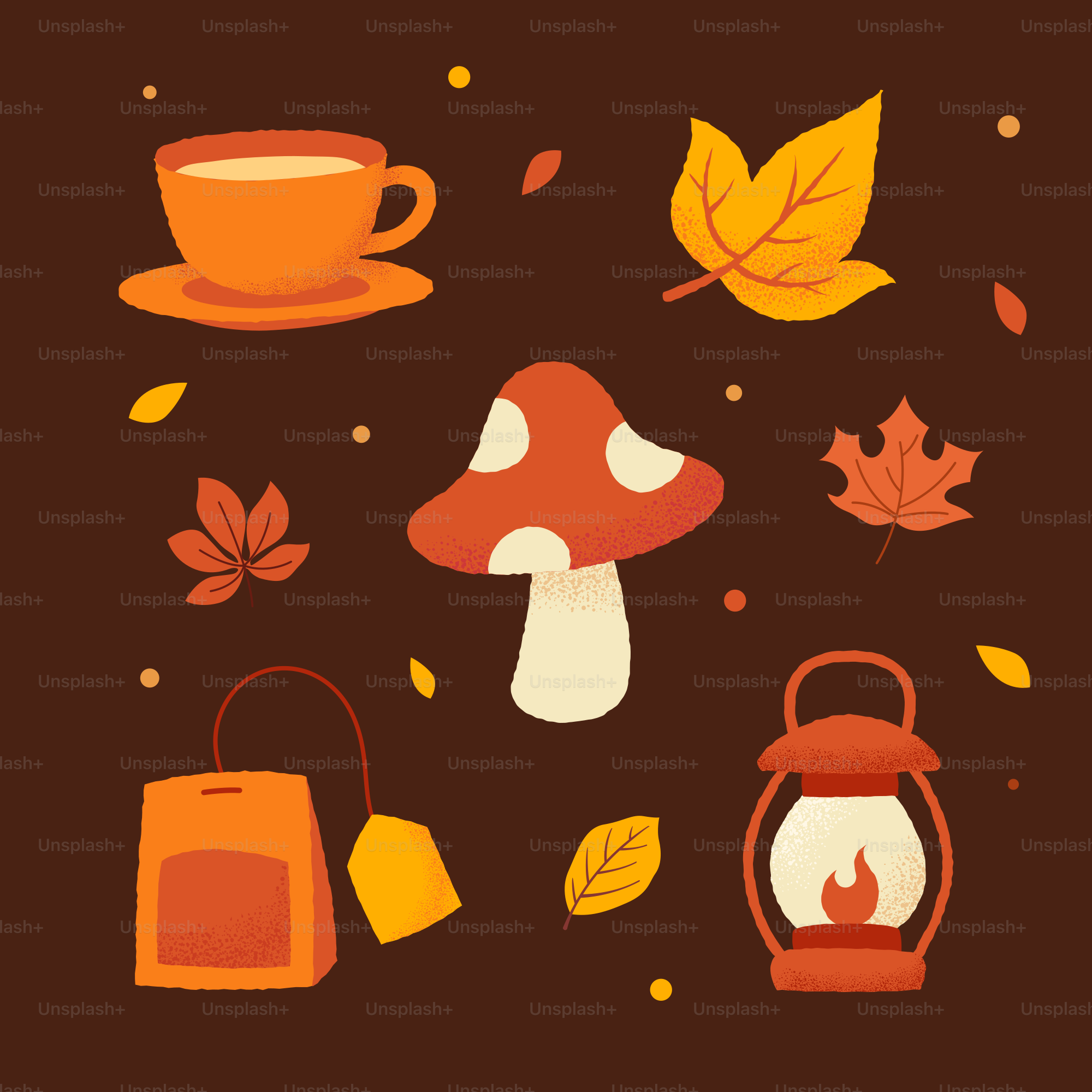 Autumn elements: tea, mushroom, lantern, and leaves.