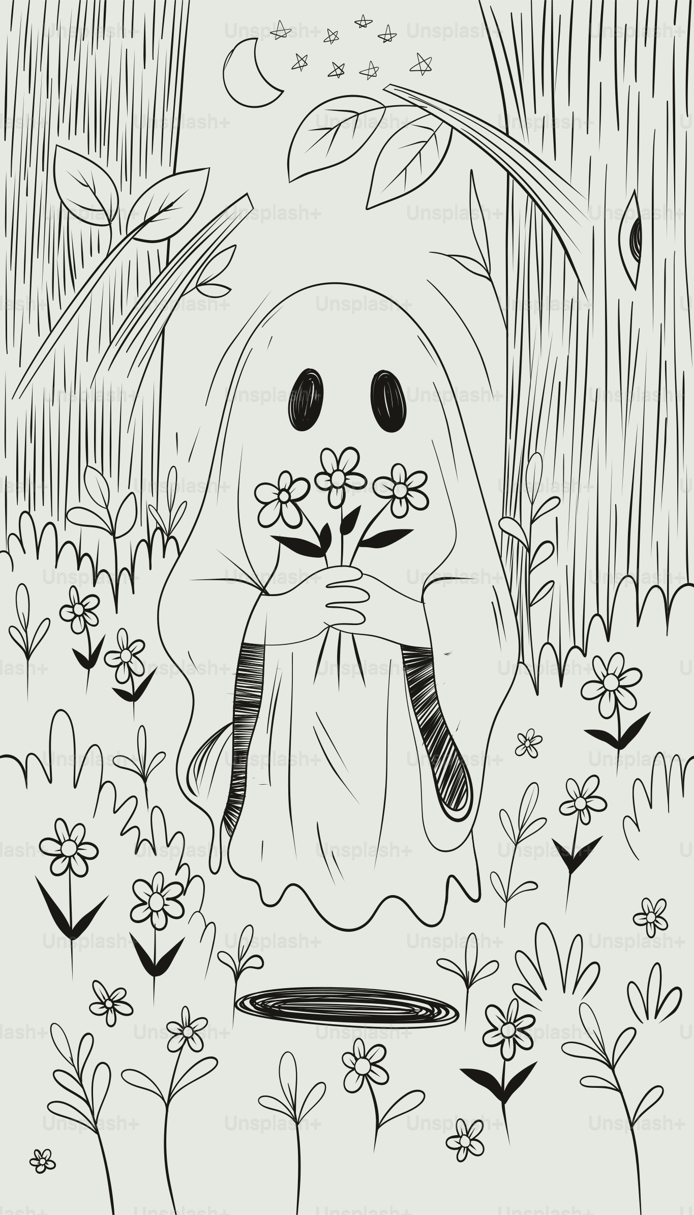 밤 정원 숲에서 꽃을 들고 있는 유령 벡터 – Unsplash의 꽃 이미지, image size:3000x5250