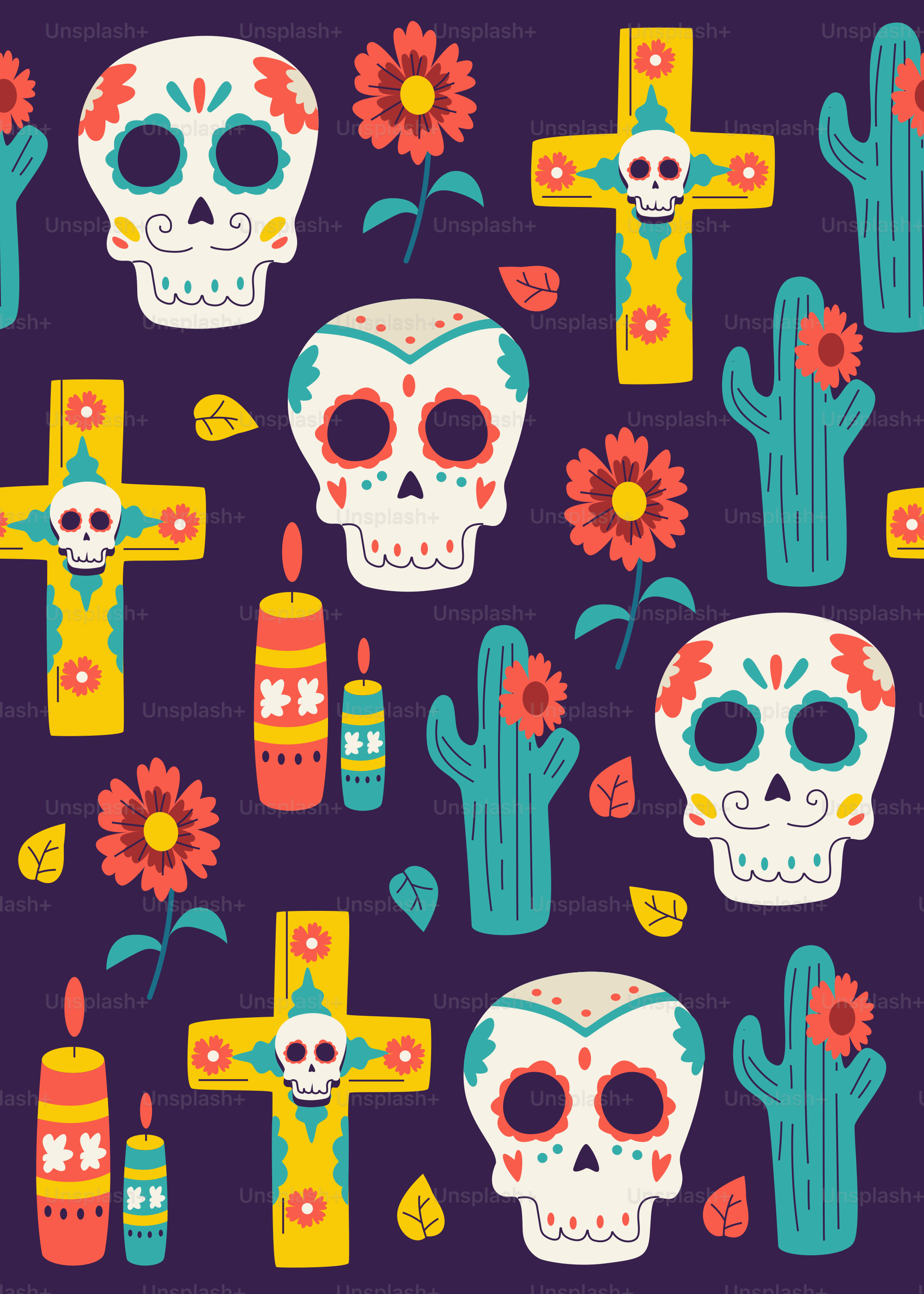 Day of the dead sugar skulls, crosses, and flowers