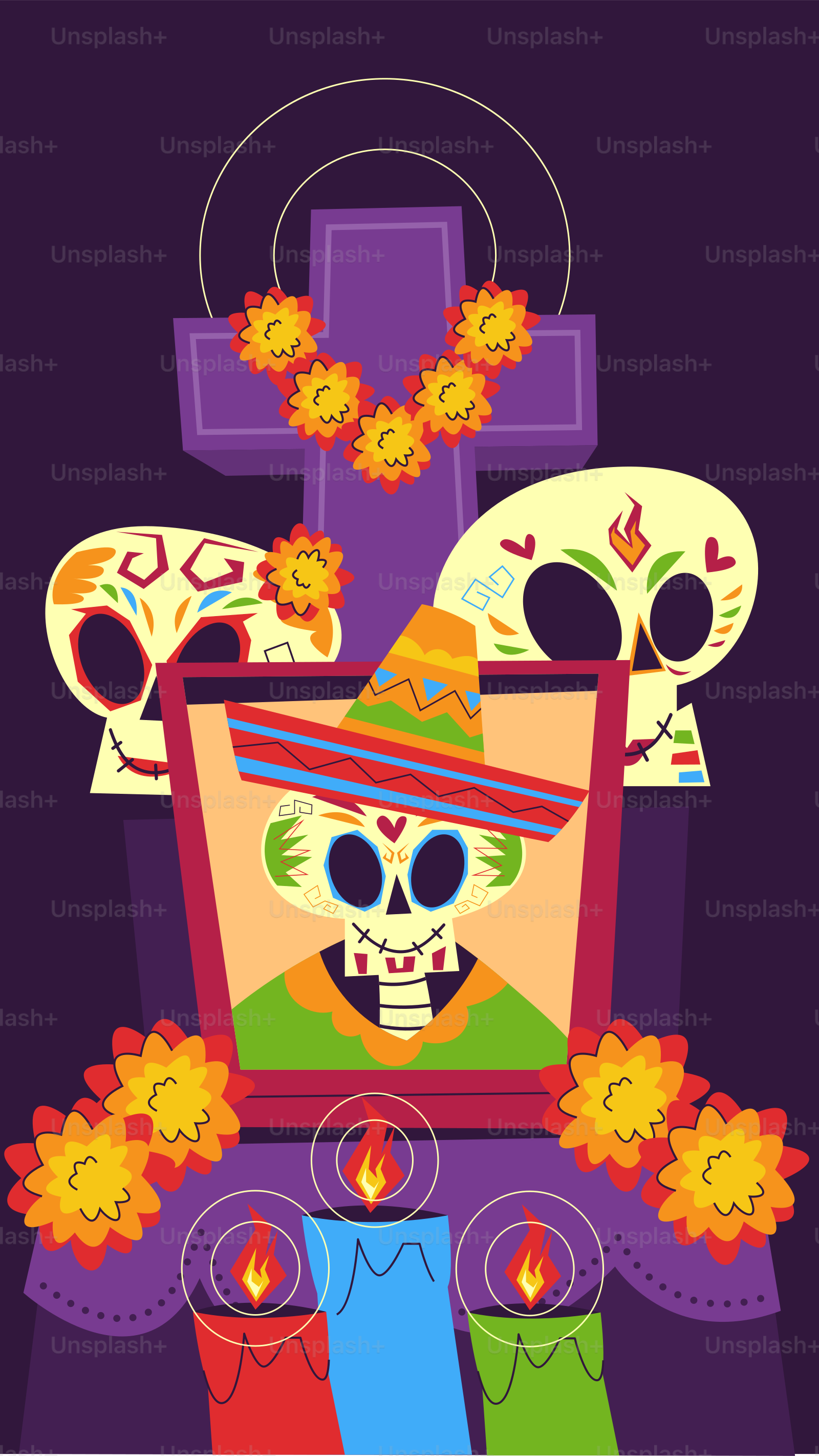 Day of the dead altar with skulls, candles, and portrait.